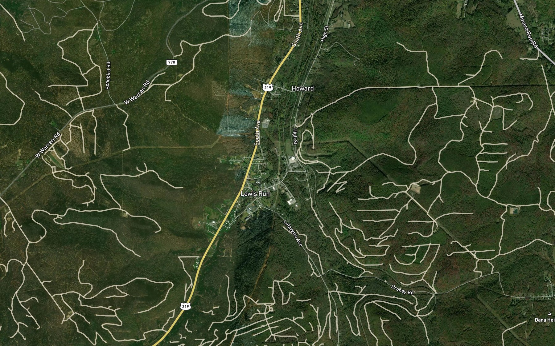 Satellite map of the Lewis Run