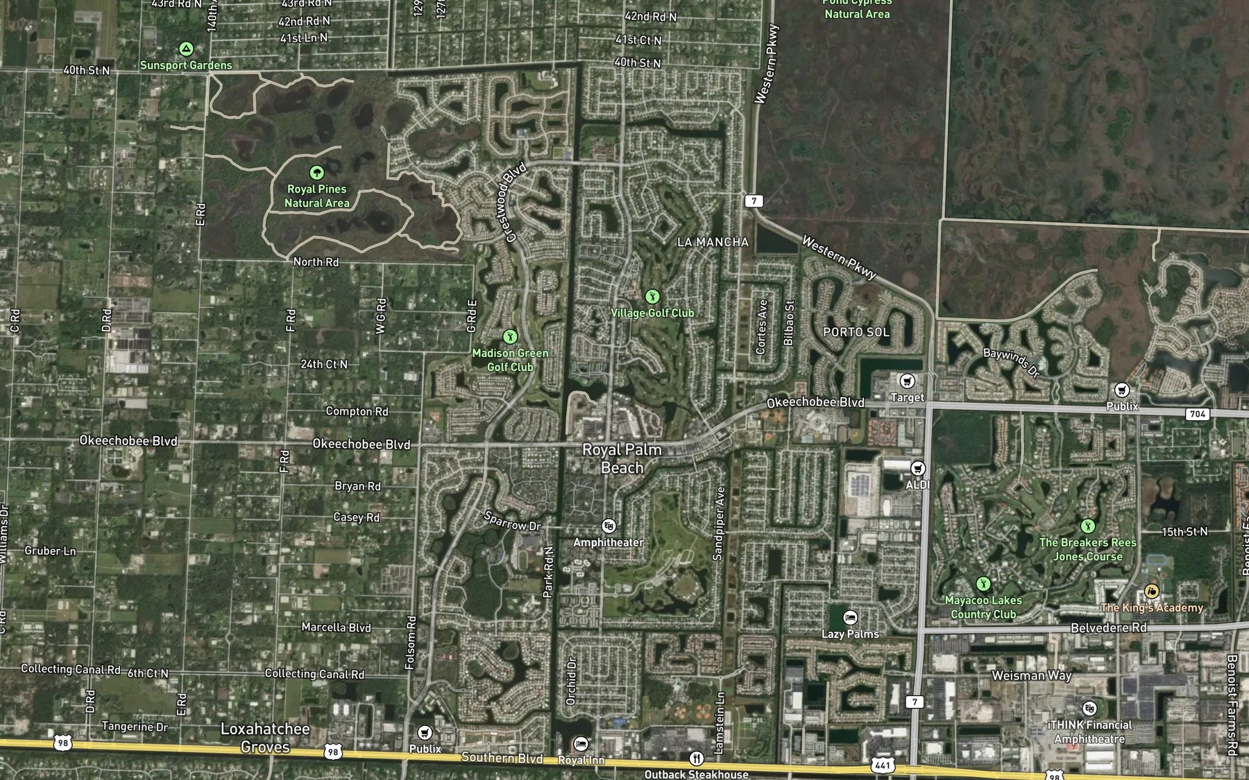Satellite map of the Royal Palm Beach Lake