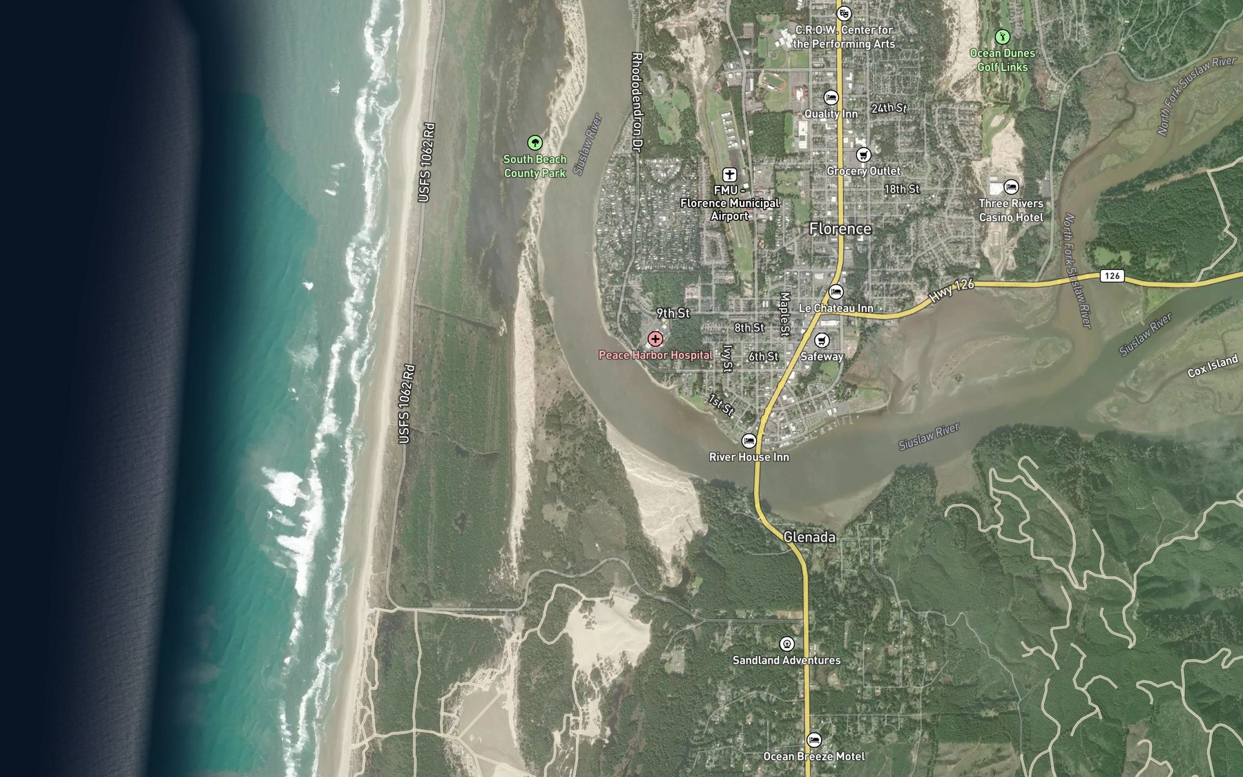 Satellite map of the Siuslaw River Estuary