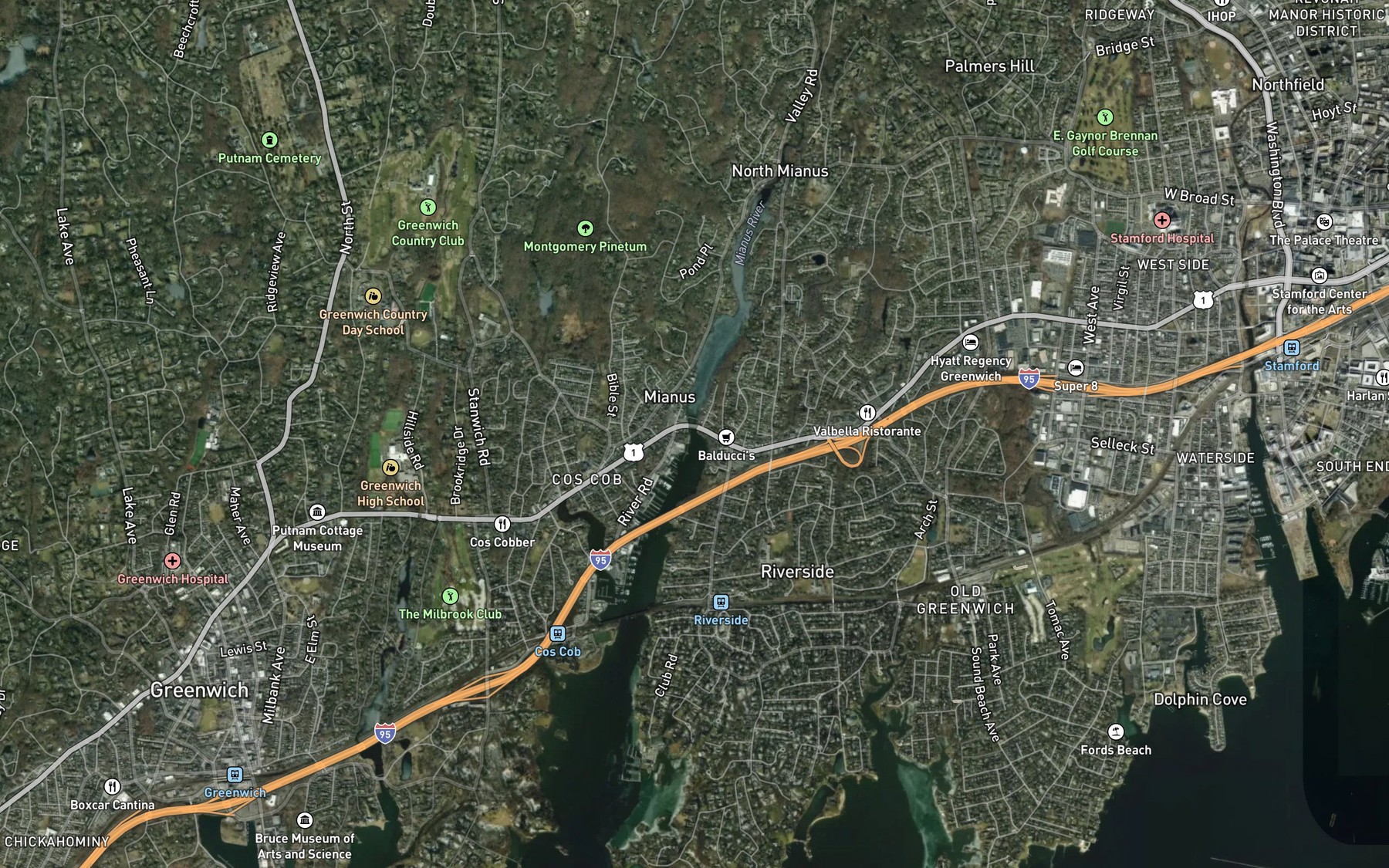 Satellite map of the Mianus River