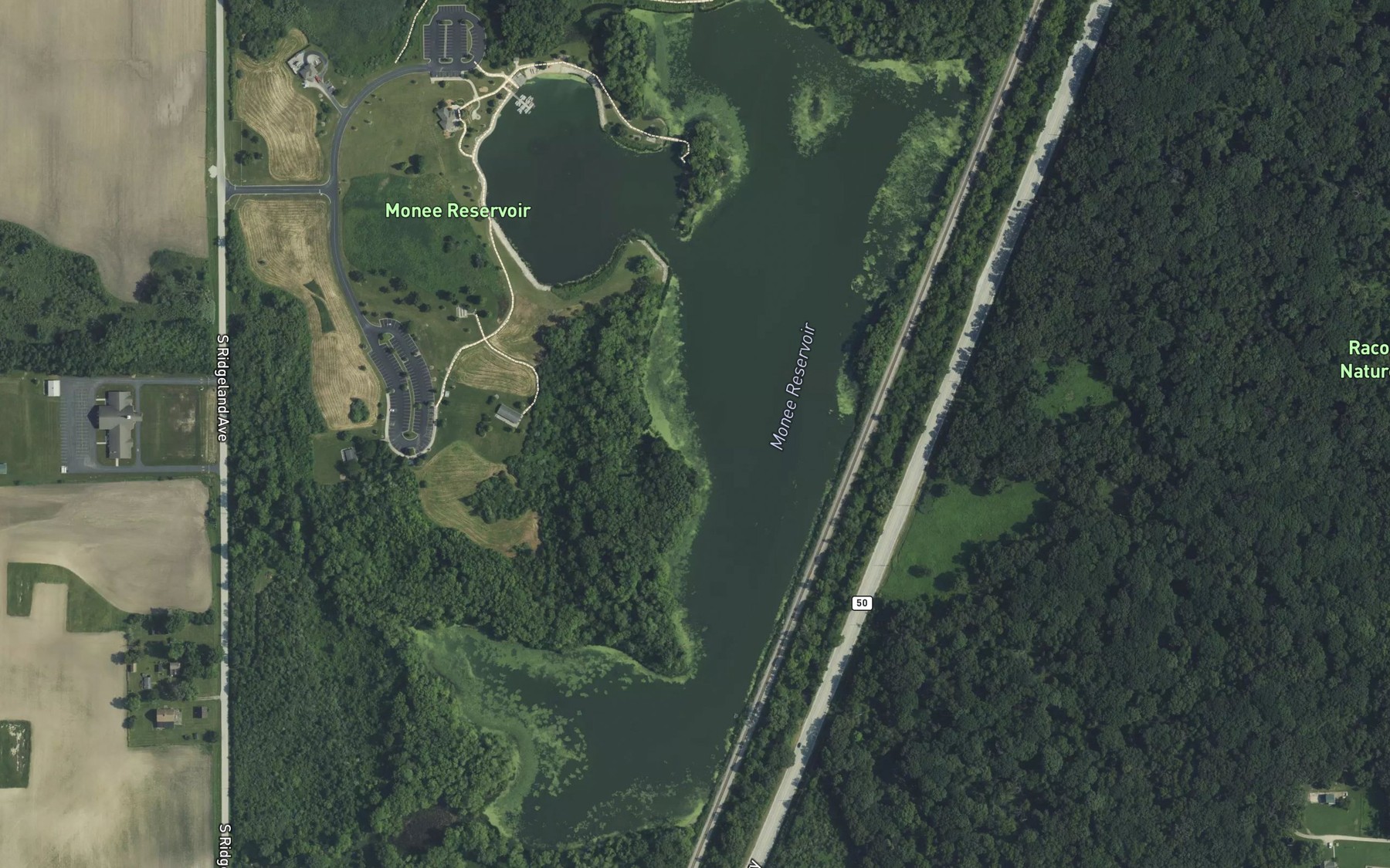 Satellite map of the Monee Reservoir
