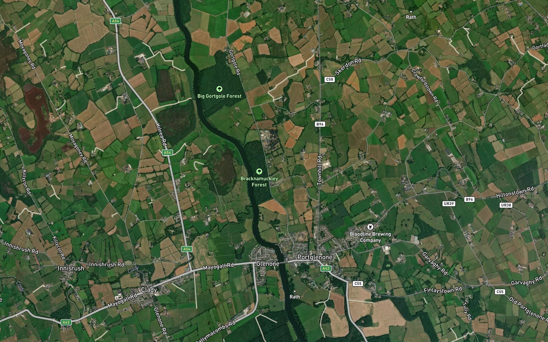 Satellite map of the Claudy River