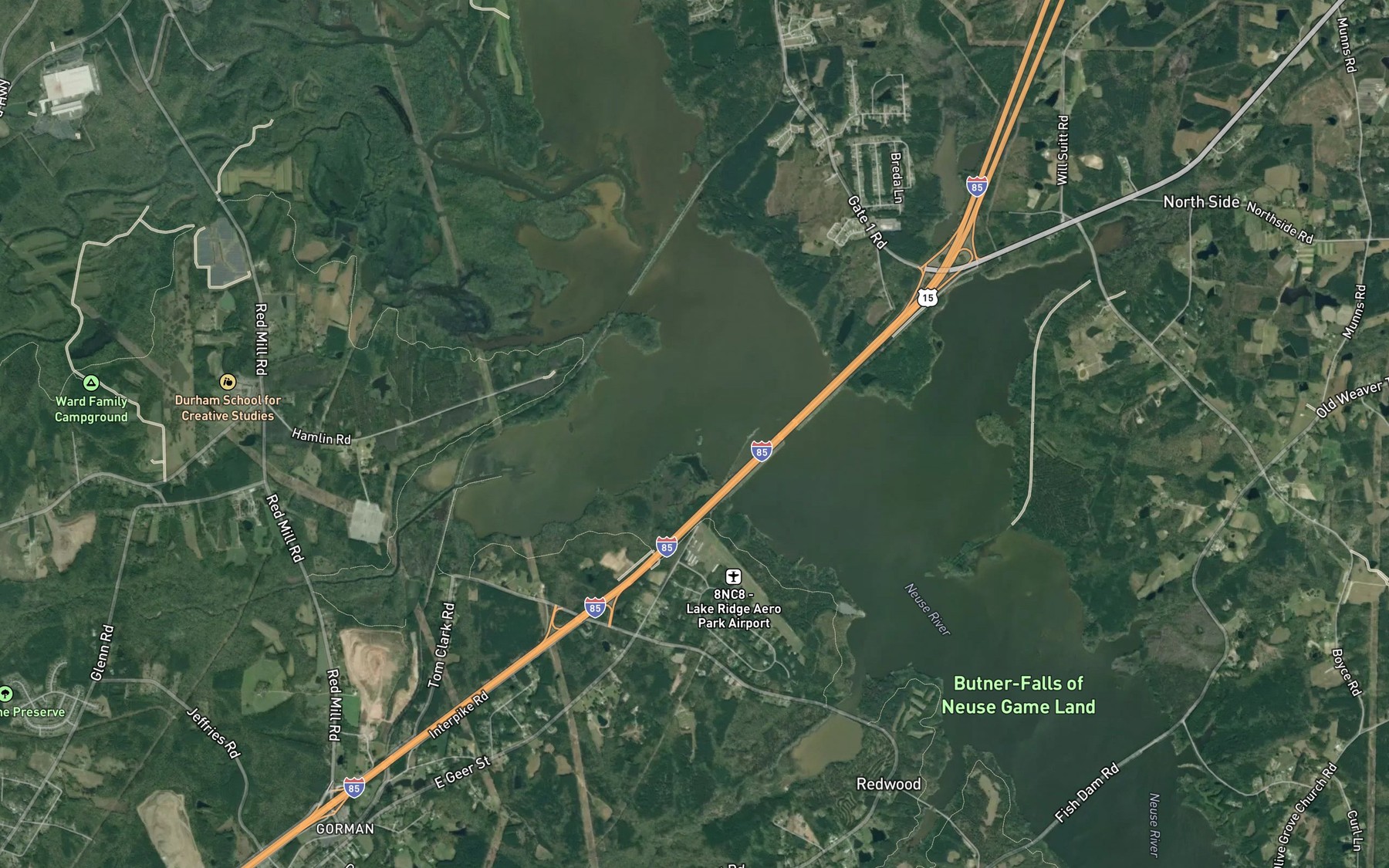 Satellite map of the Ellerbe Creek
