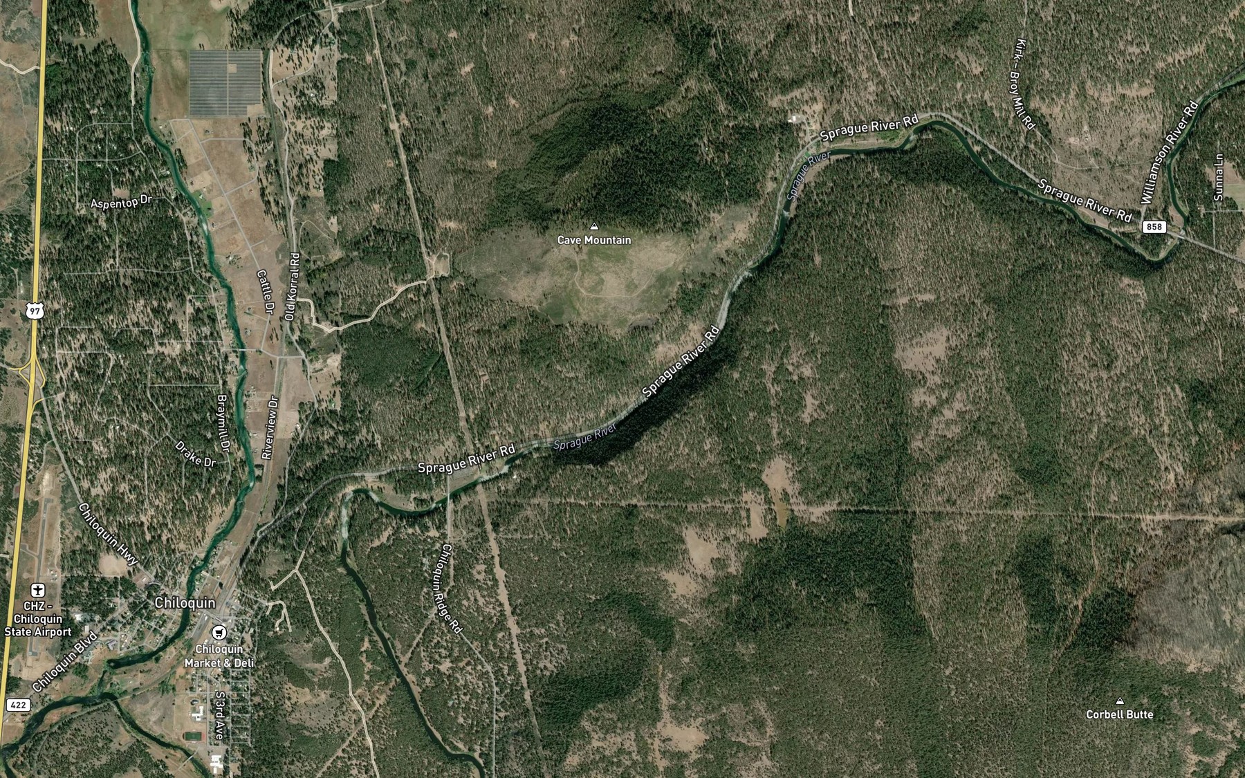 Satellite map of the Chiloquin Narrows