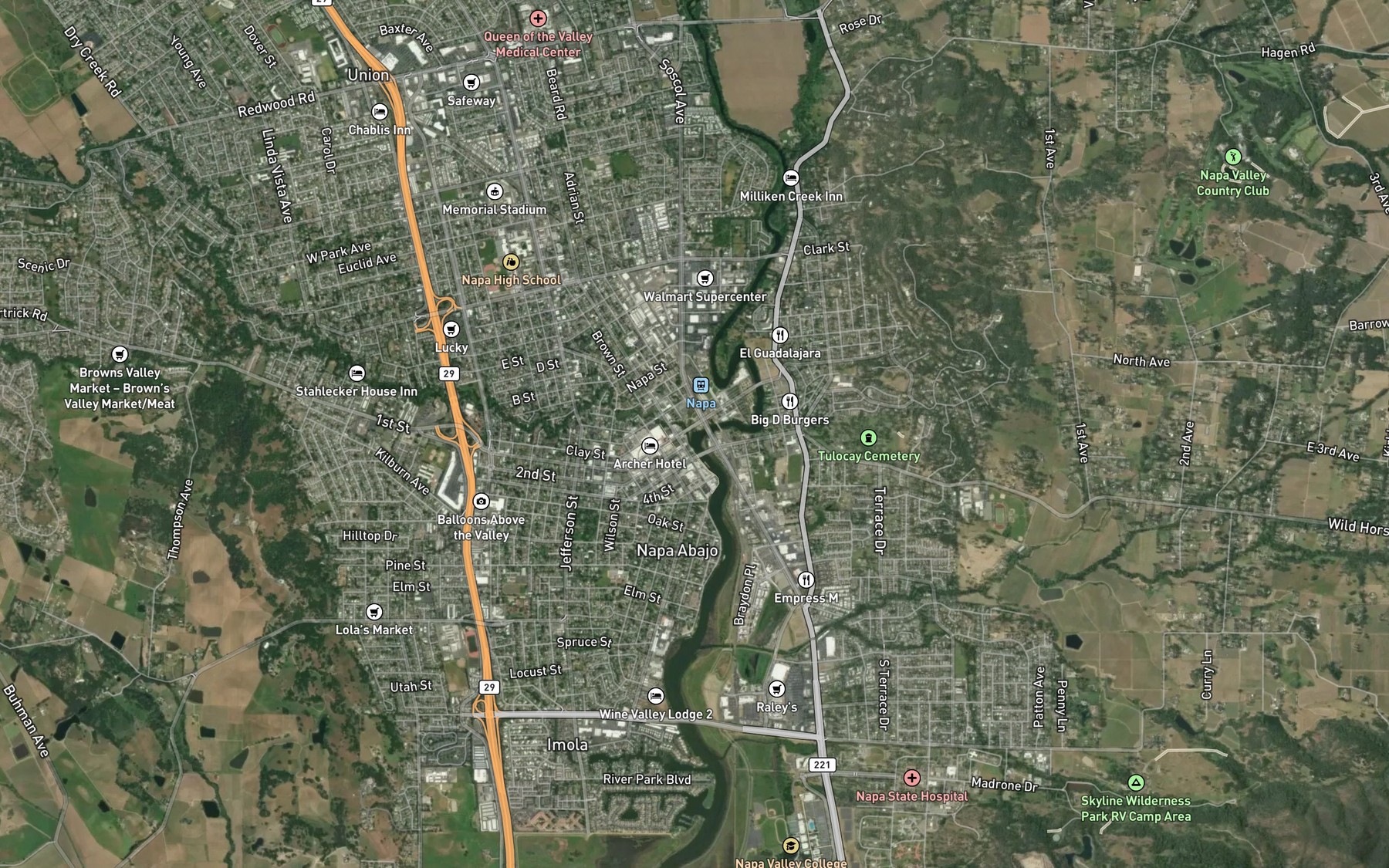 Satellite map of the Napa Creek
