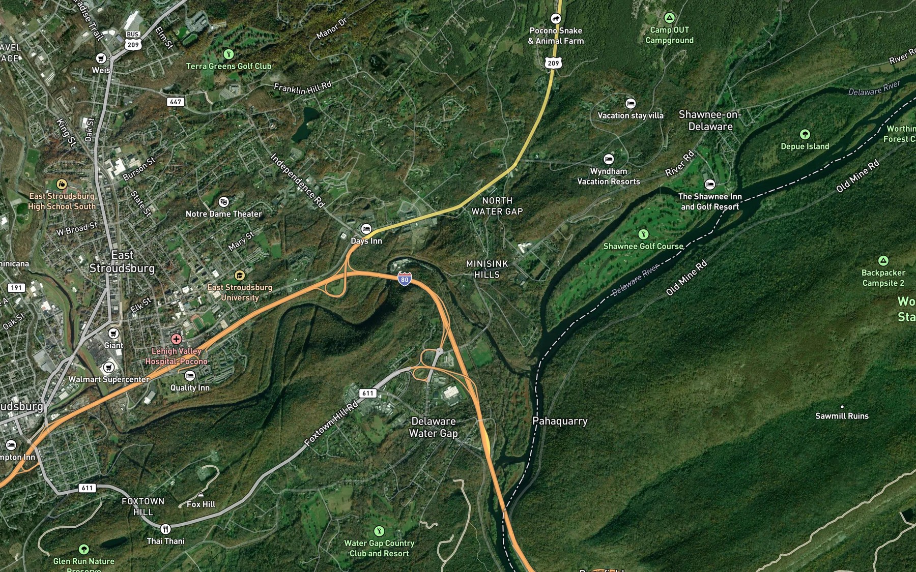 Satellite map of the Marshalls Creek
