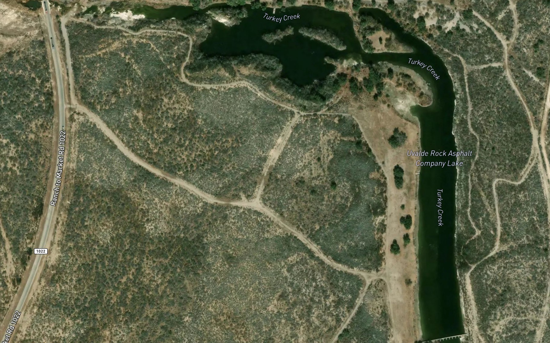 Satellite map of the Uvalde Rock Asphalt Company Lake