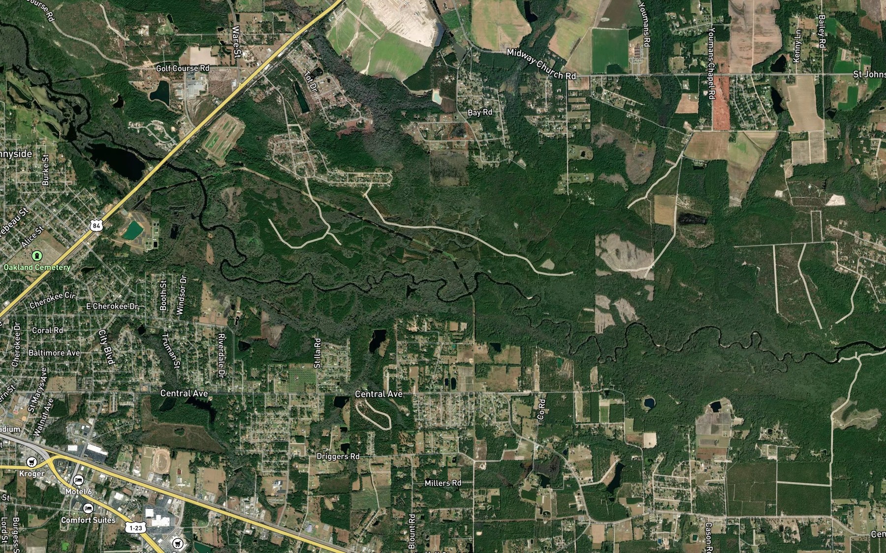 Satellite map of the Hacklebarney Creek