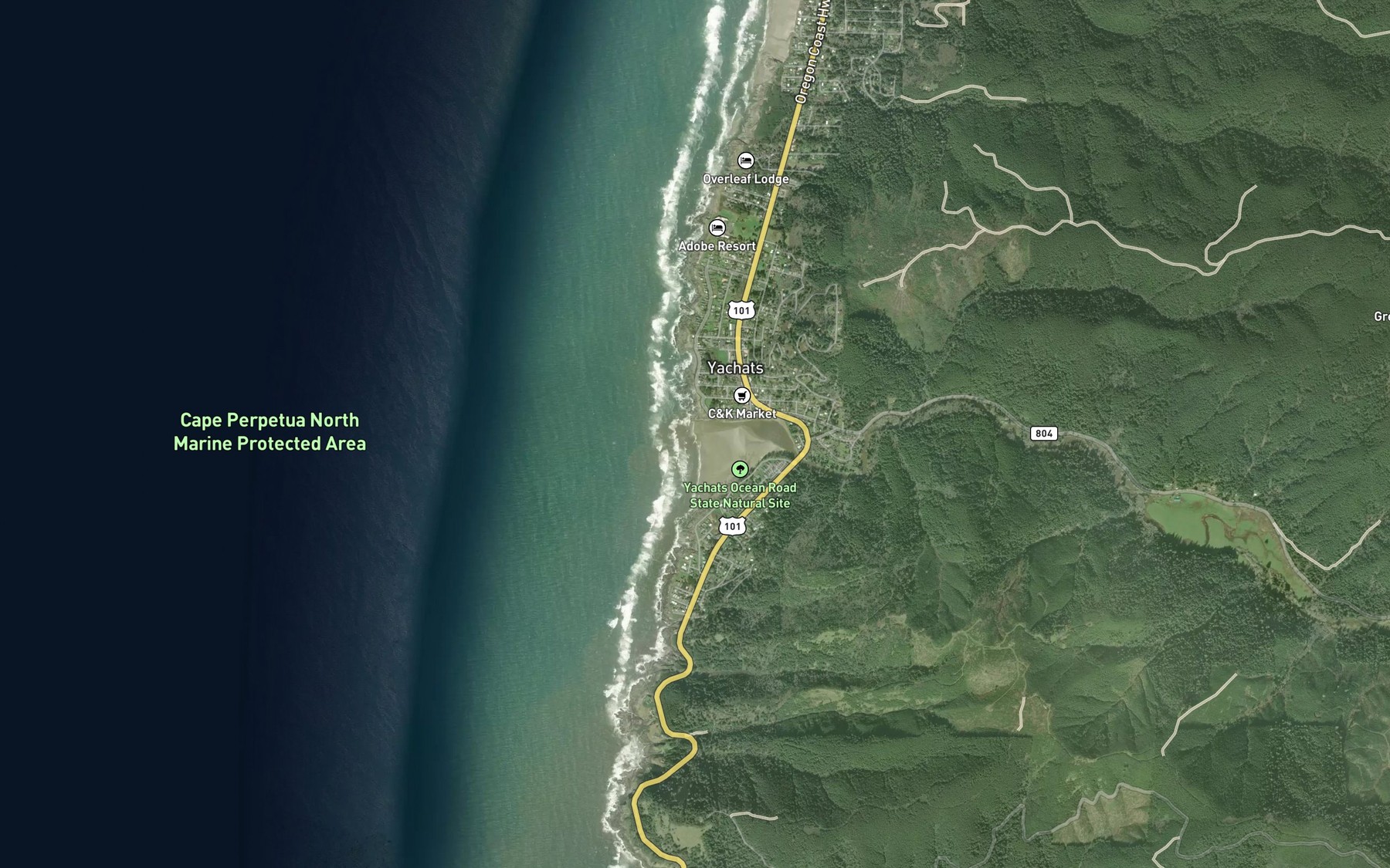 Satellite map of the Yachats River