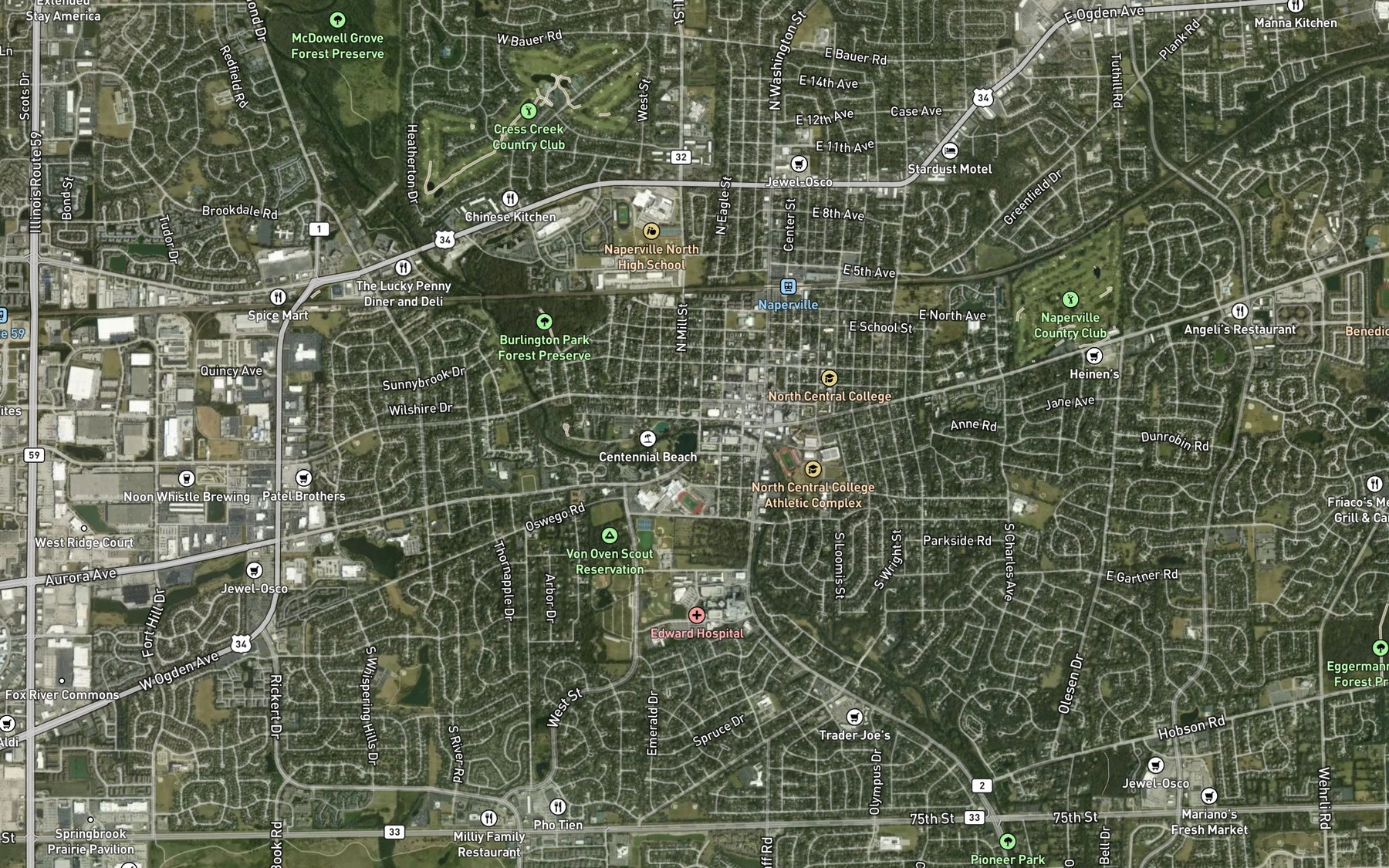 Satellite map of the The Naperville Riverwalk