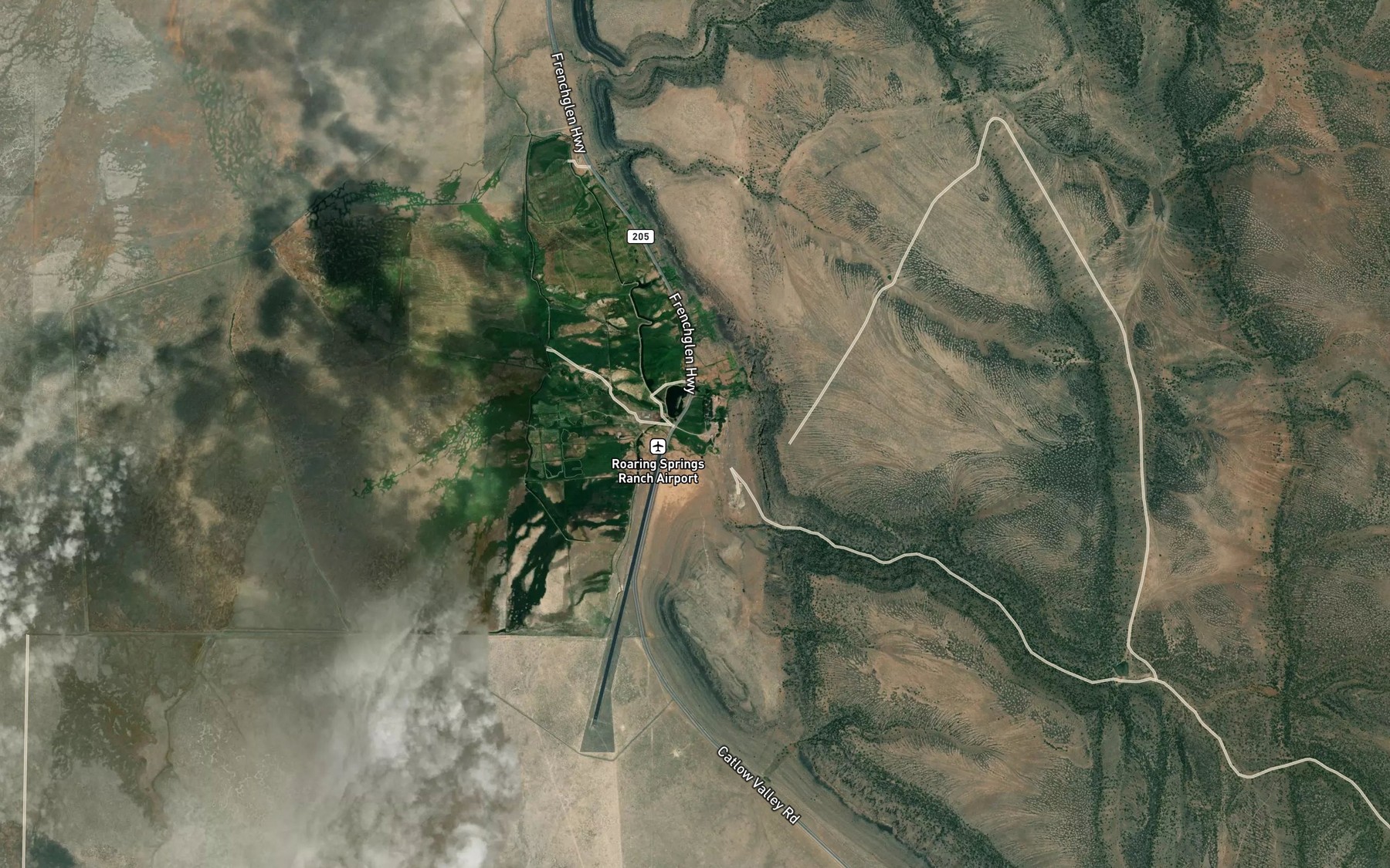 Satellite map of the Roaring Springs Creek
