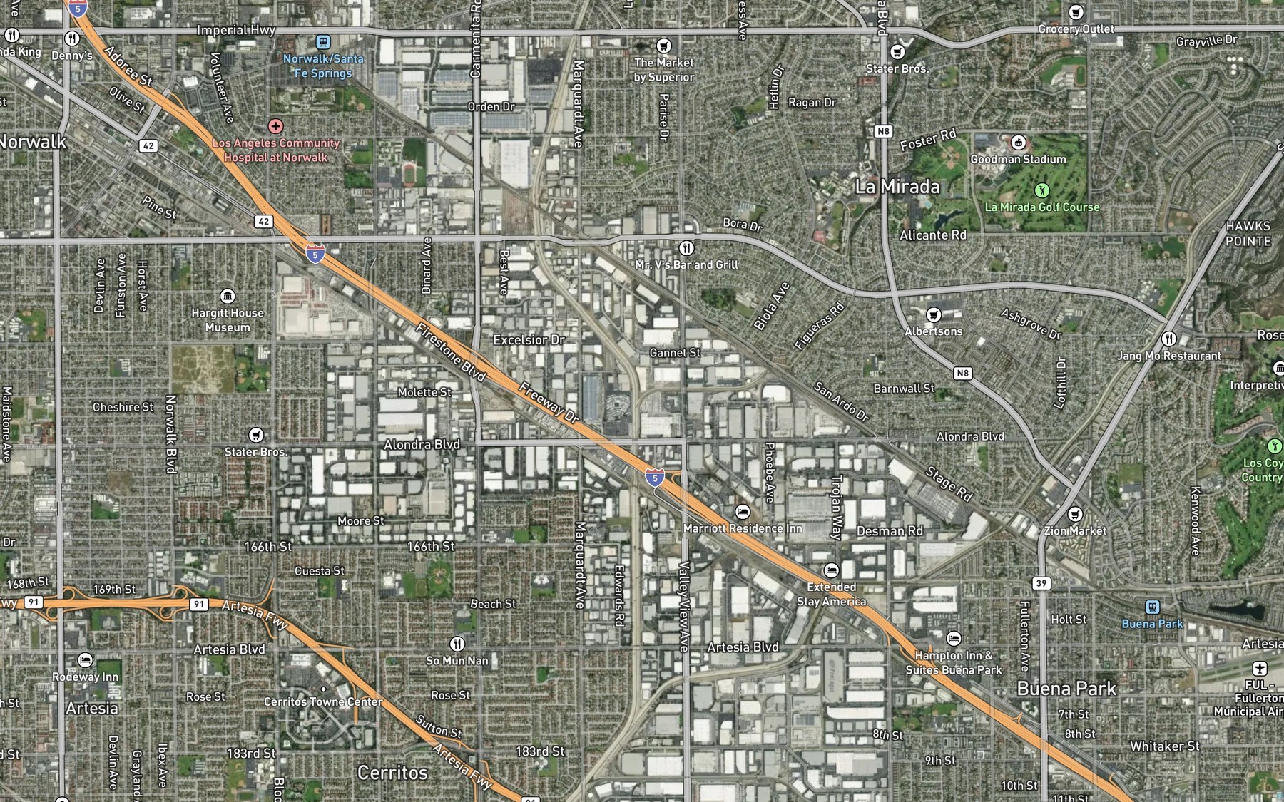 Satellite map of the La Mirada Creek