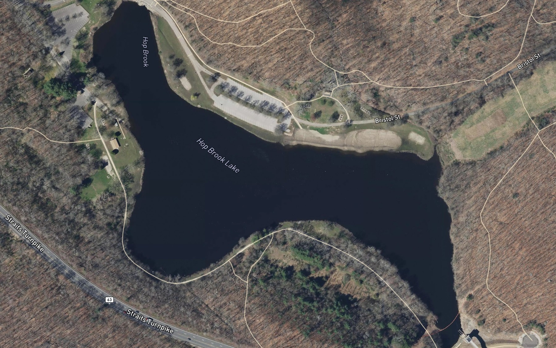 Satellite map of the Hop Brook Lake