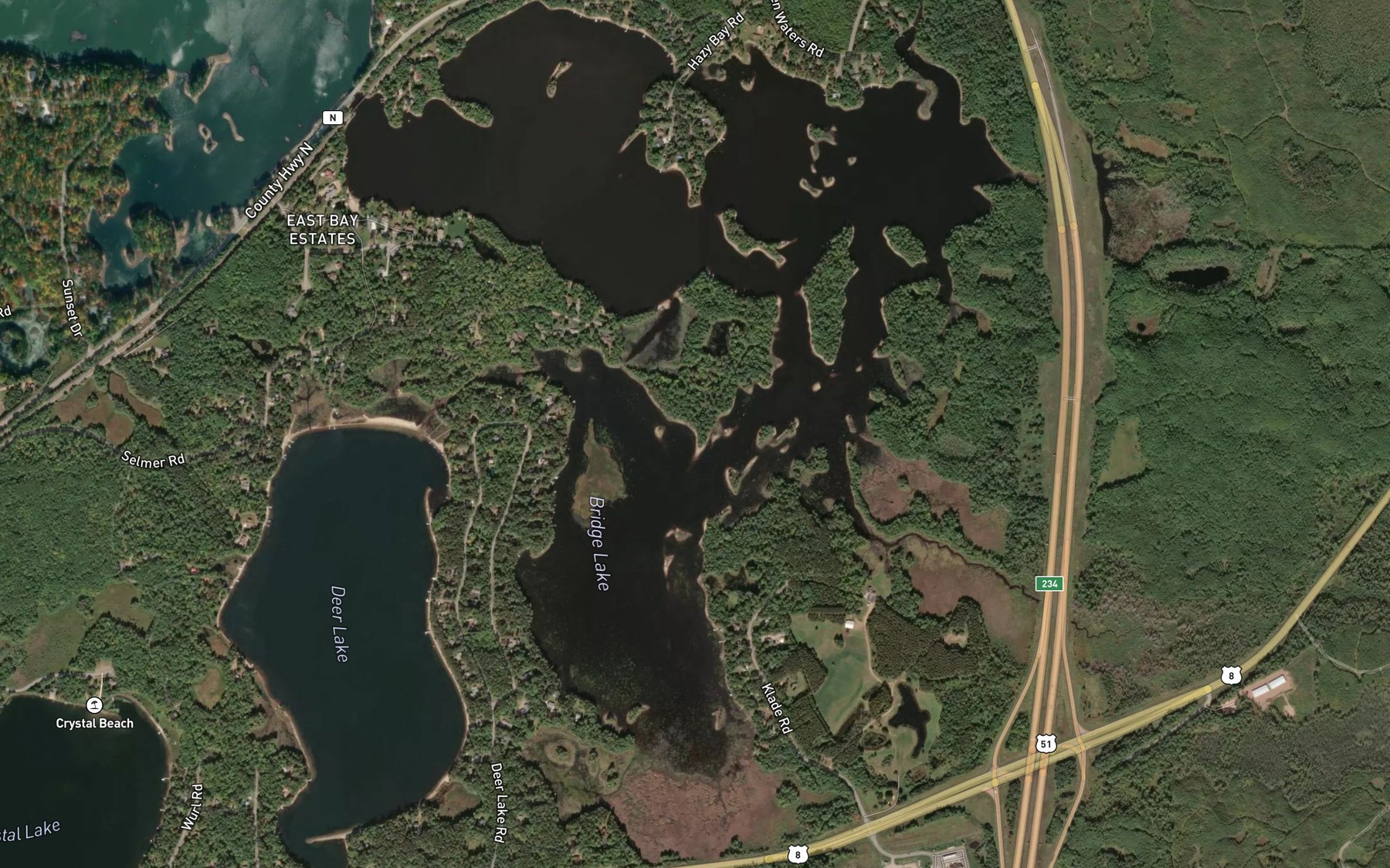Satellite map of the Bridge Lake