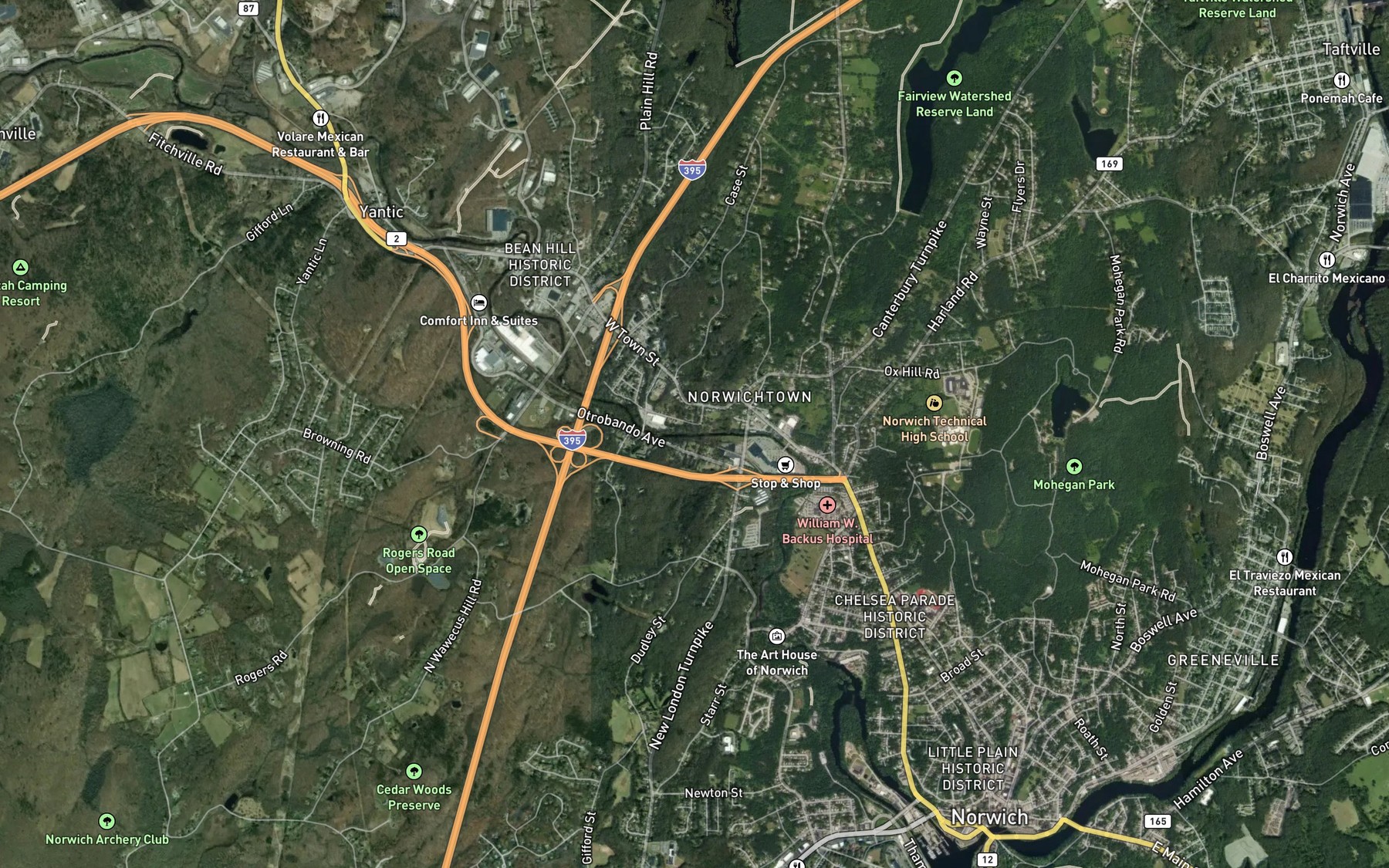 Satellite map of the Norwichtown Brook