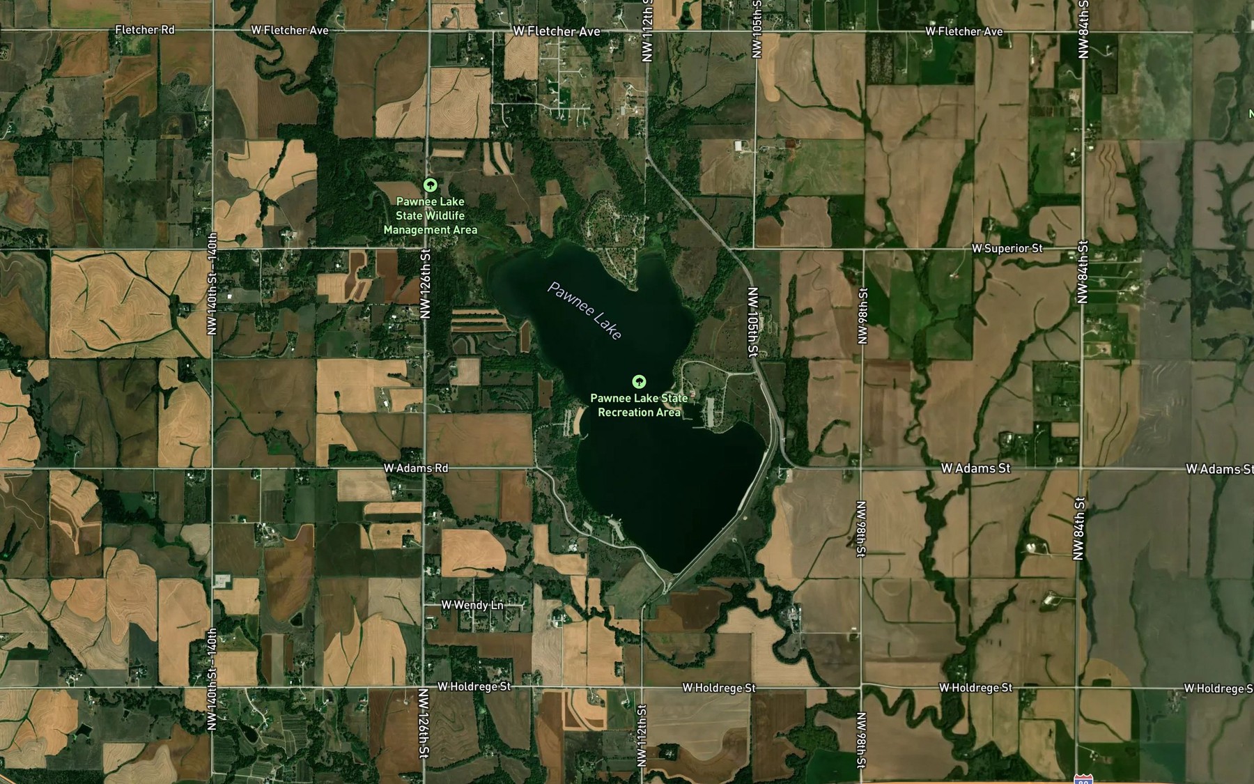 Satellite map of the Pawnee Lake