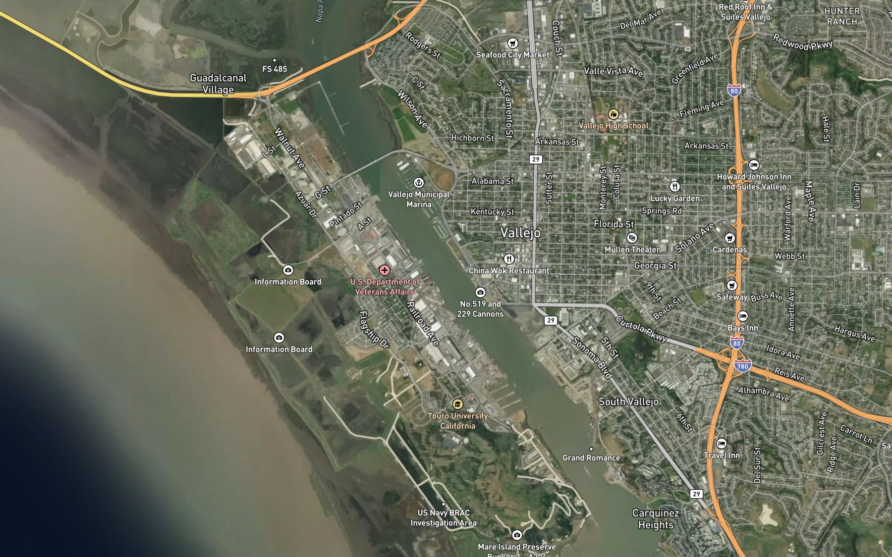 Satellite map of the Mare Island Strait