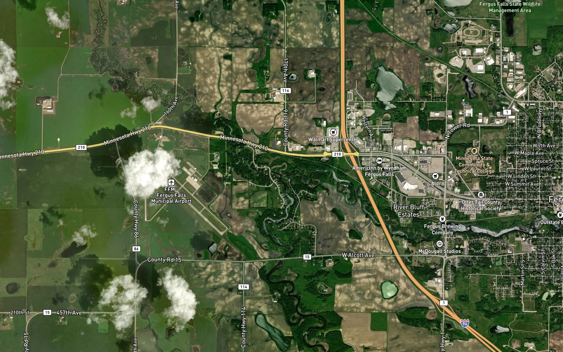 Satellite map of the Pelican River