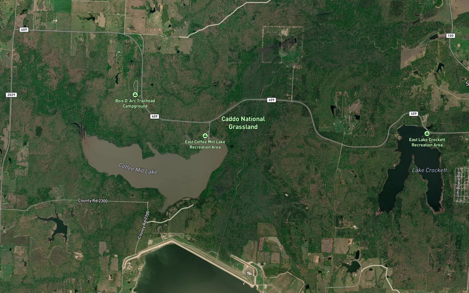 Satellite map of the Coffee Mill Creek Lake