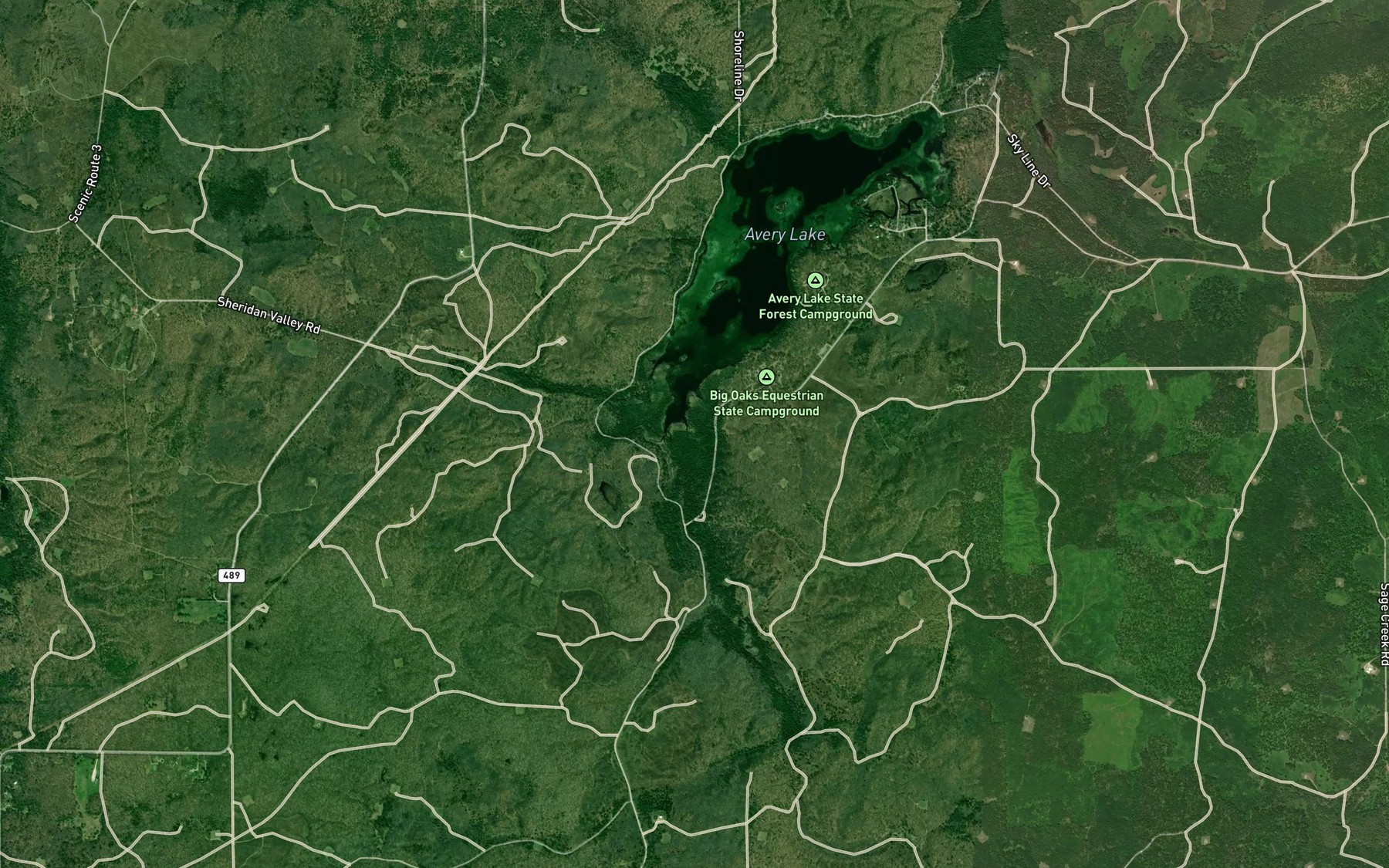 Satellite map of the Avery Creek