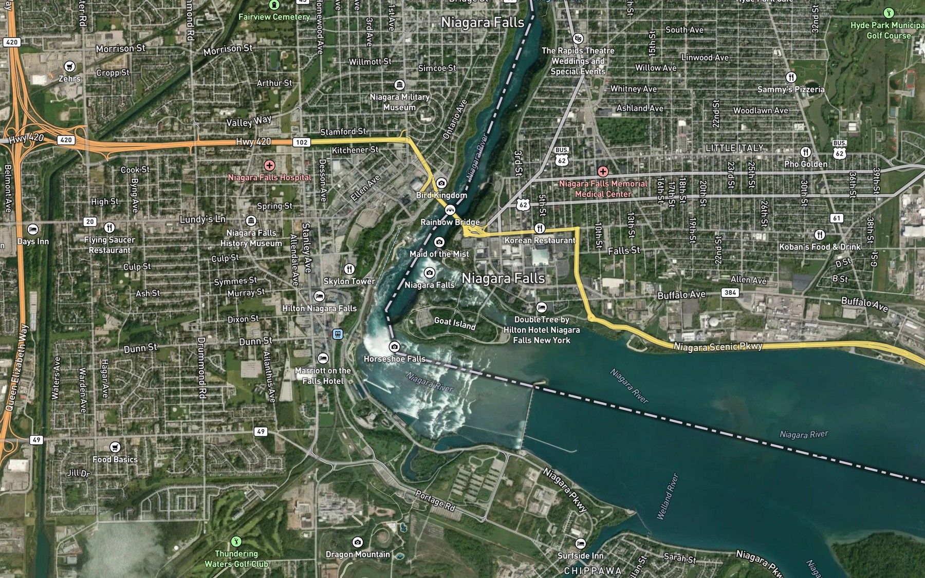 Satellite map of the Niagara Falls