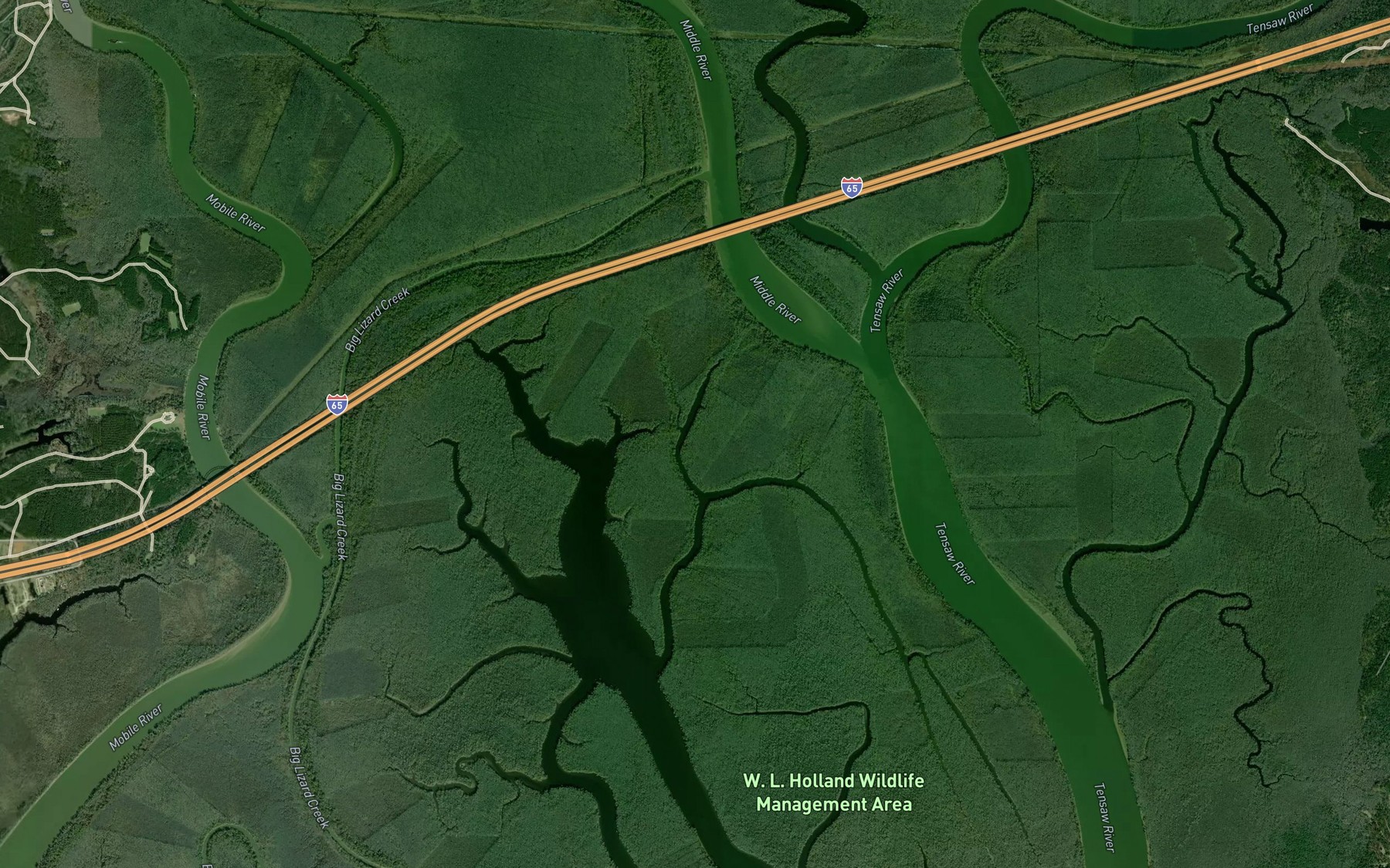 Satellite map of the Bayou Avalon