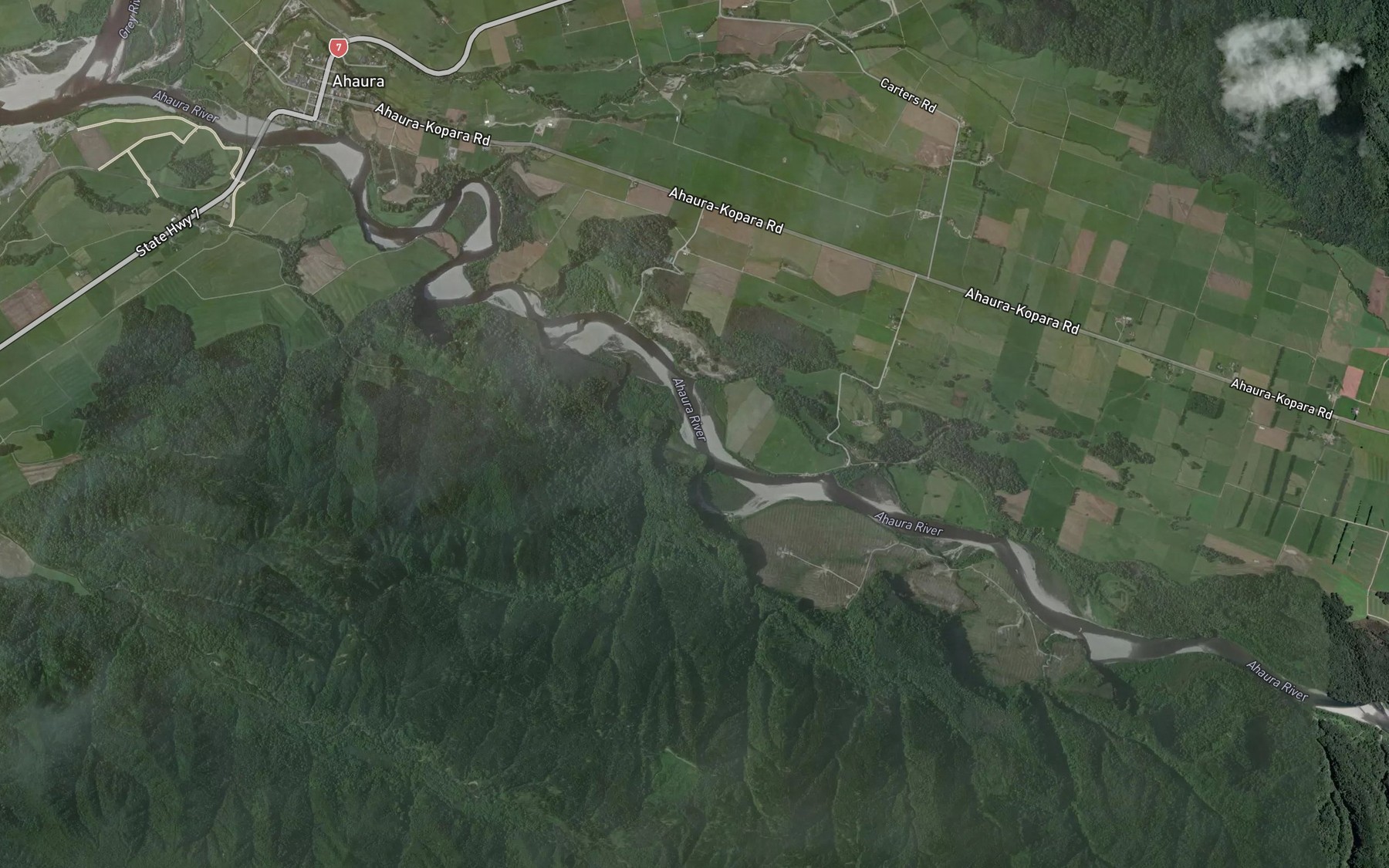 Satellite map of the Ahaura River