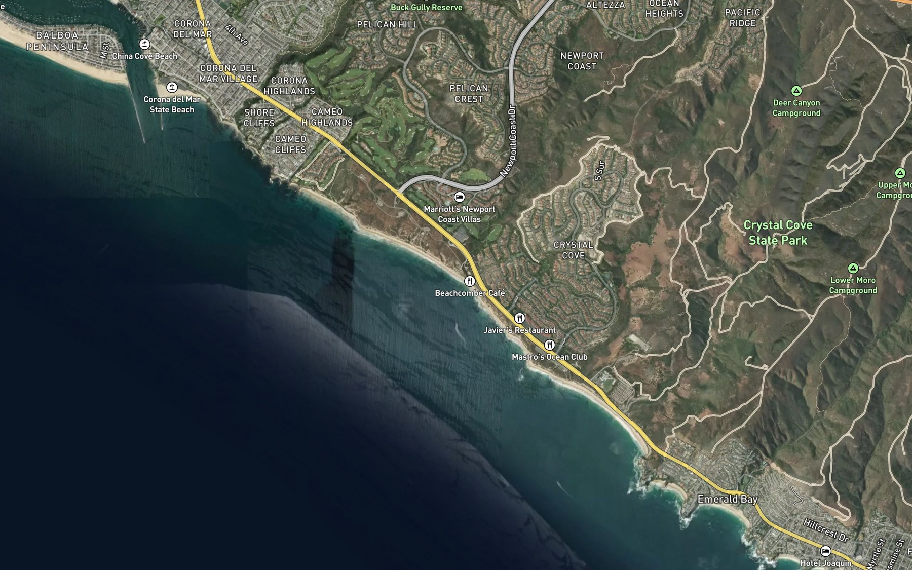Satellite map of the Crystal Cove