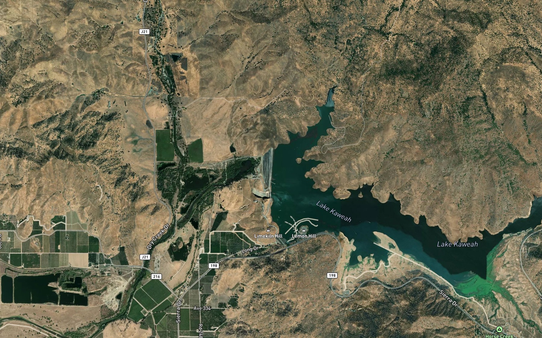 Satellite map of the Lake Kaweah