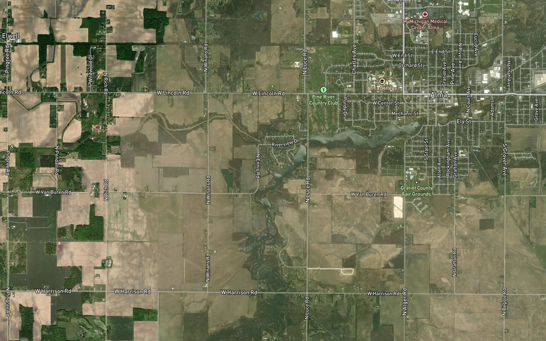 Satellite map of the Honeyoey Creek