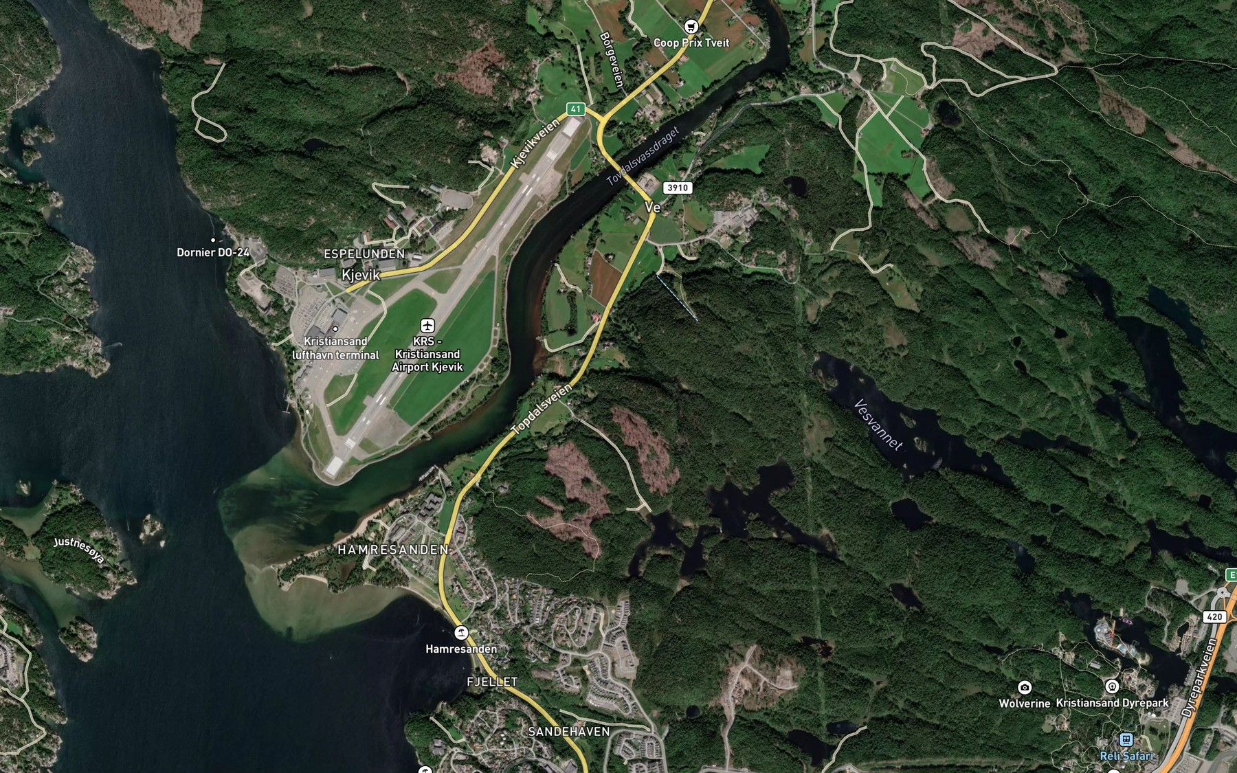 Satellite map of the Tovdalselva