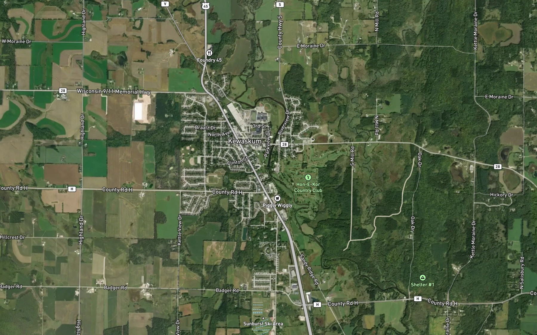 Satellite map of the Kewaskum Millpond