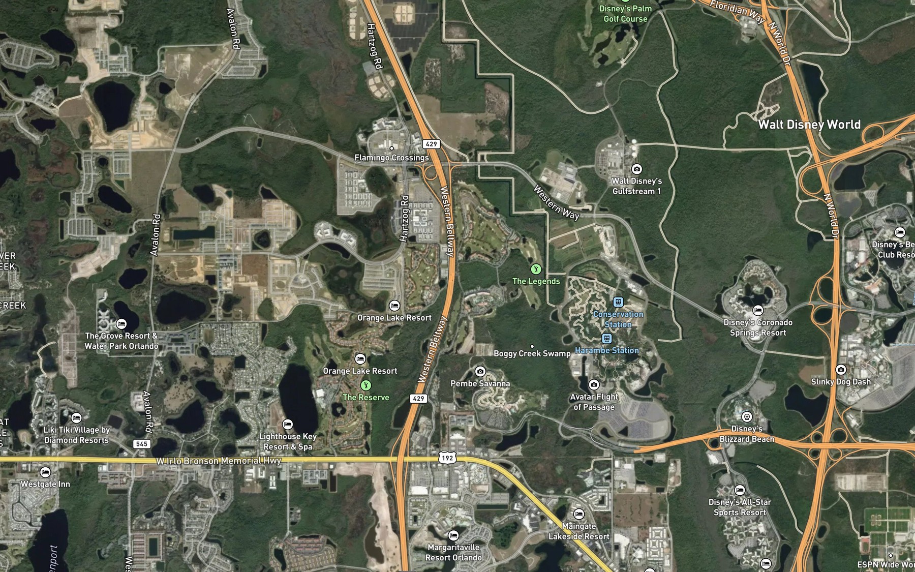 Satellite map of the Boggy Creek