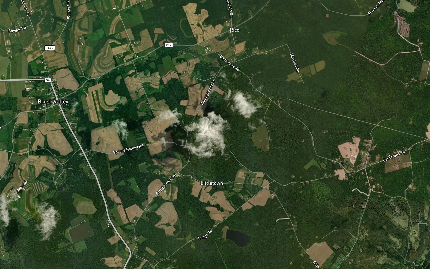 Satellite map of the Spruce Hollow Run