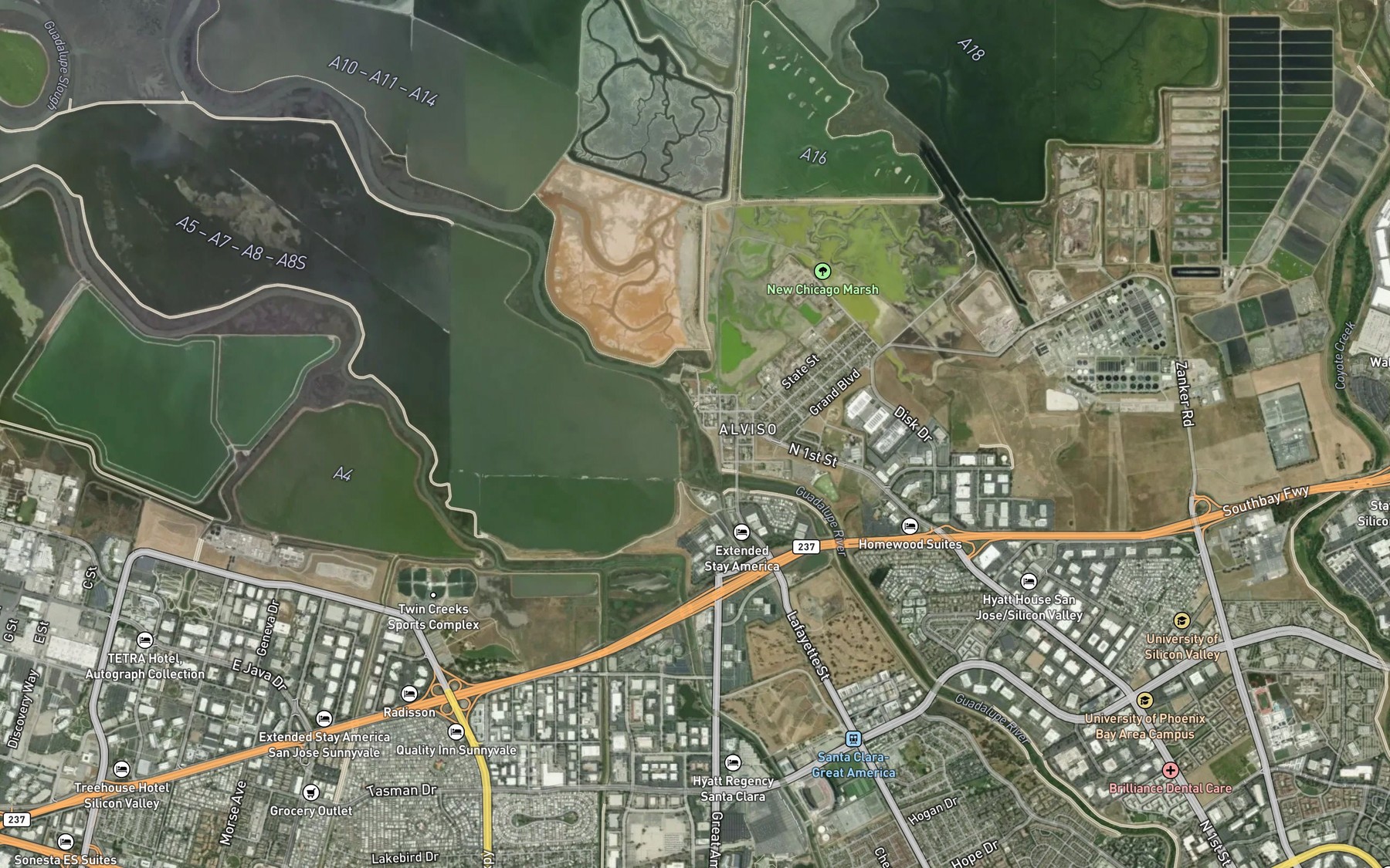 Satellite map of the Guadalupe River