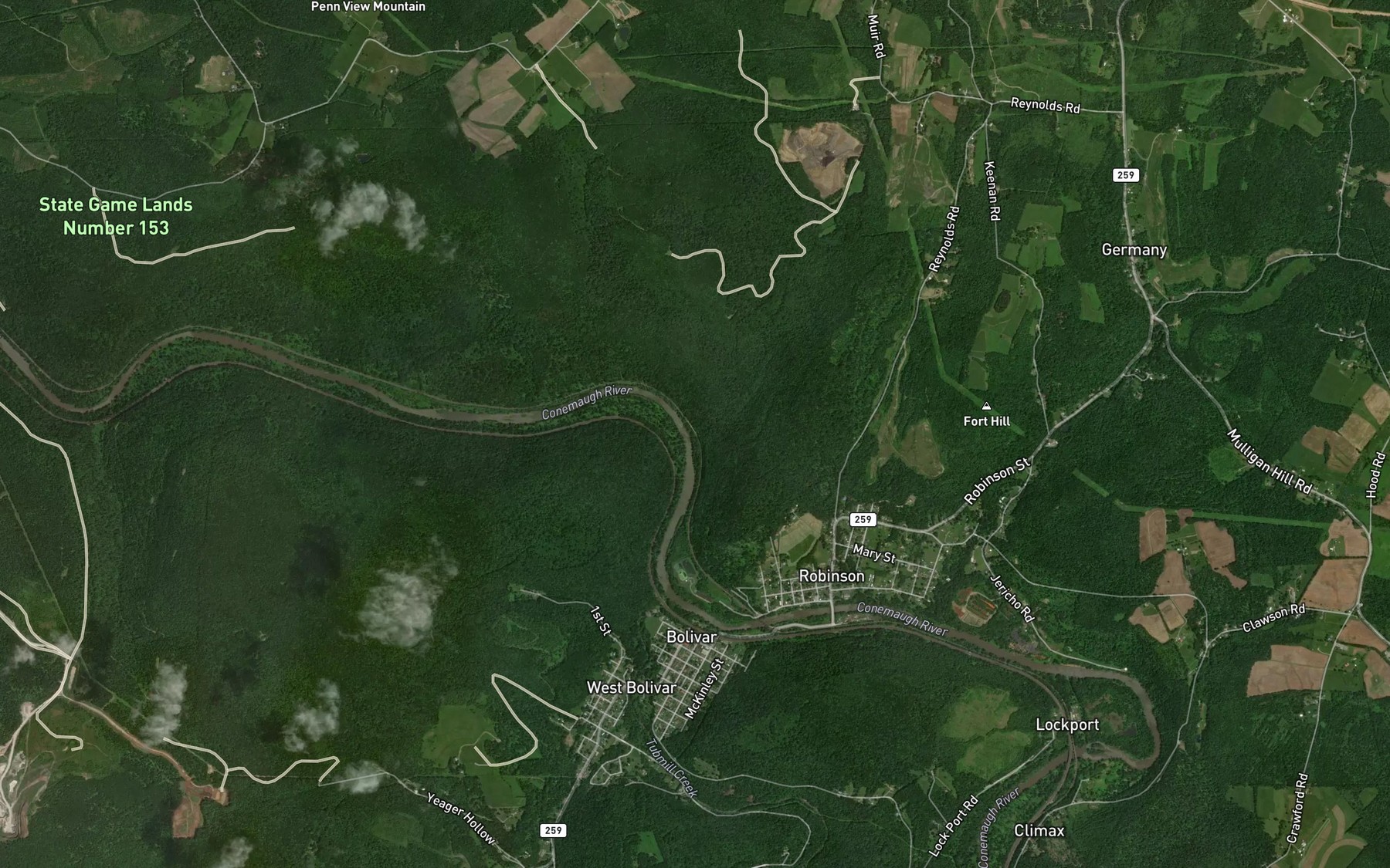 Satellite map of the Roaring Run