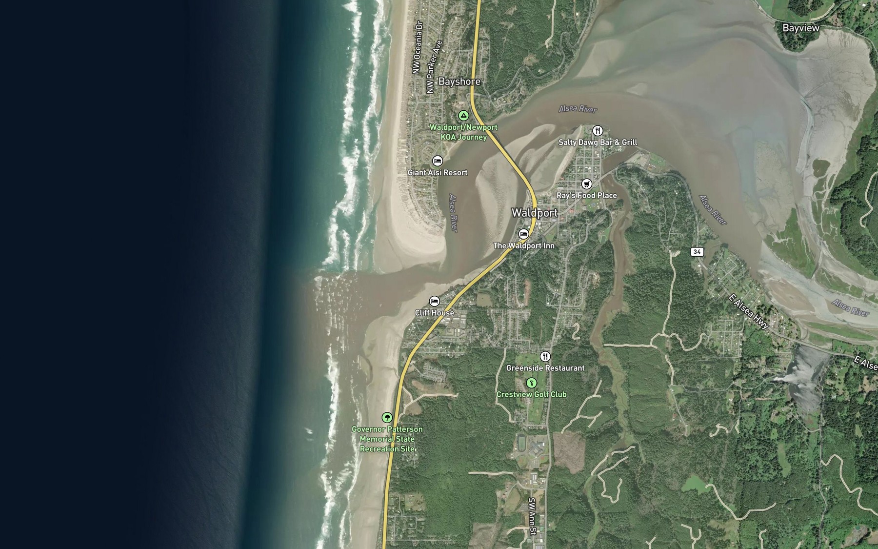 Satellite map of the Alsea River