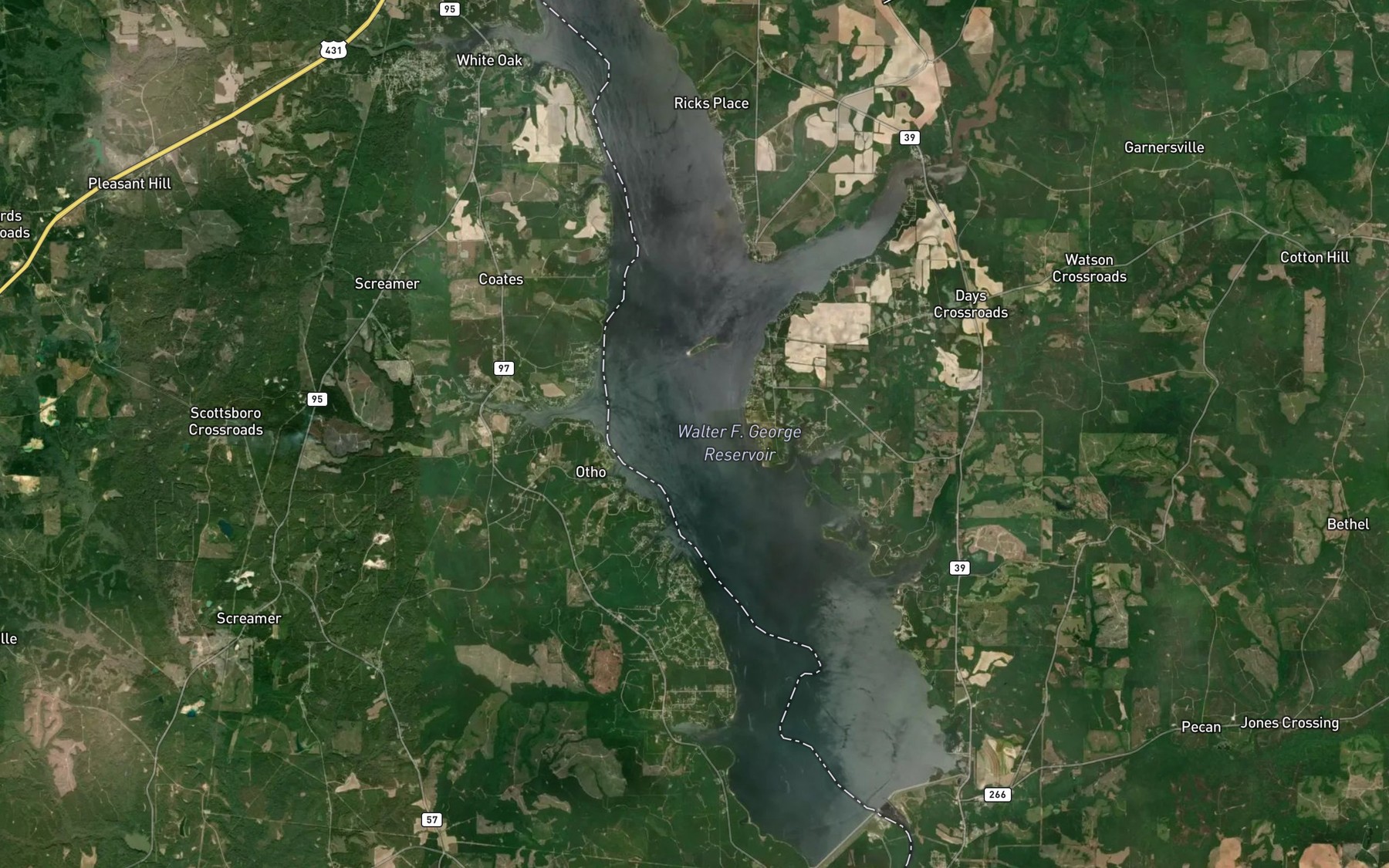 Satellite map of the Walter F George Reservoir