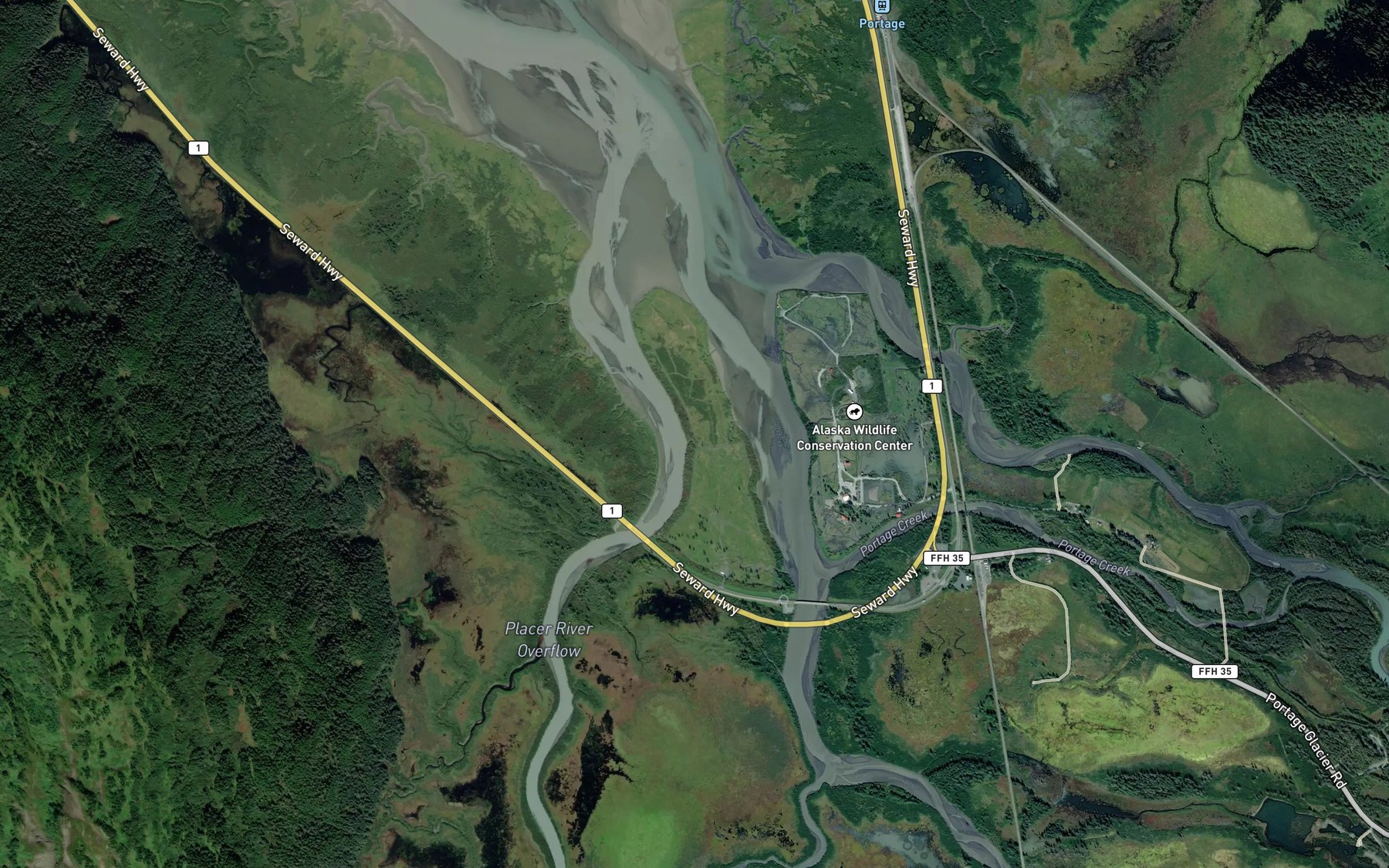 Satellite map of the Placer River