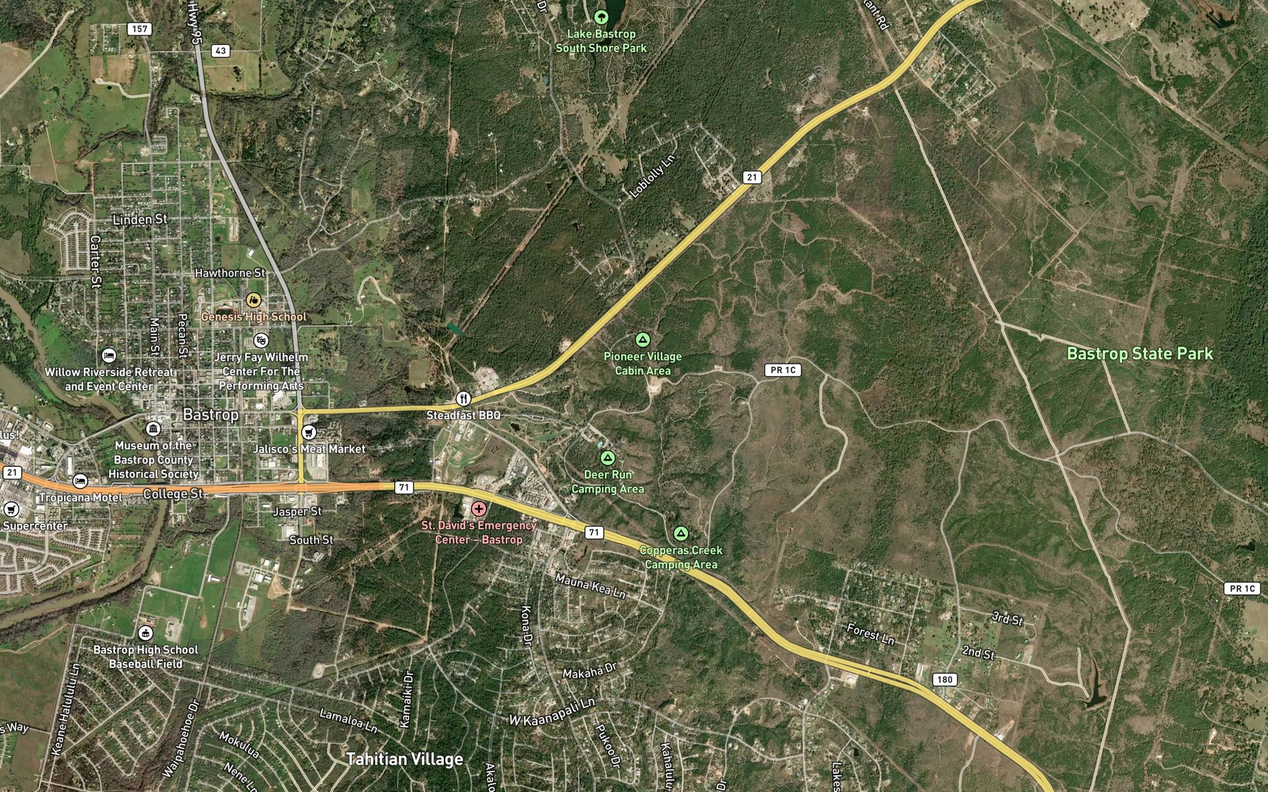 Satellite map of the Bastrop State Park Lake
