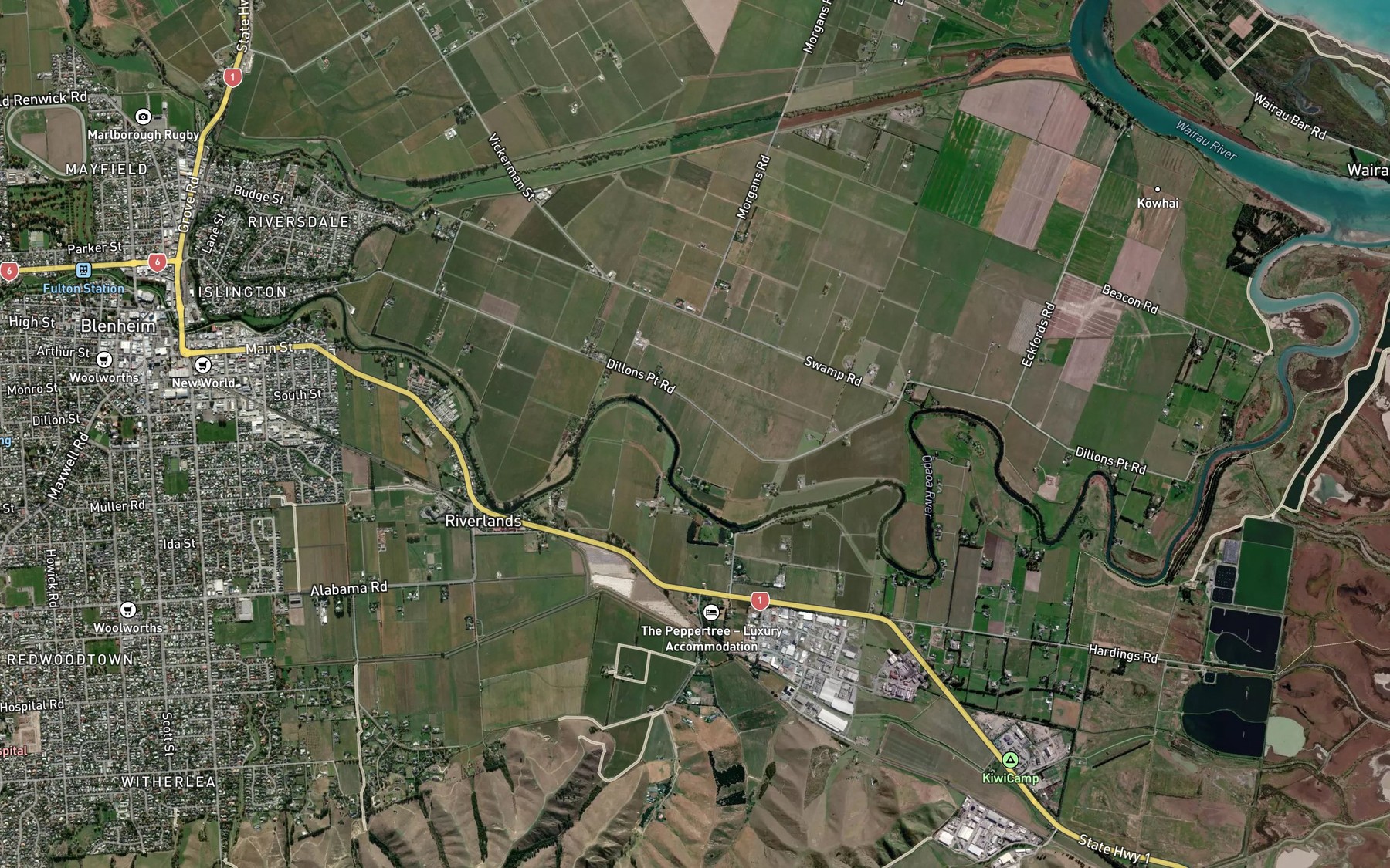Satellite map of the Opawa River