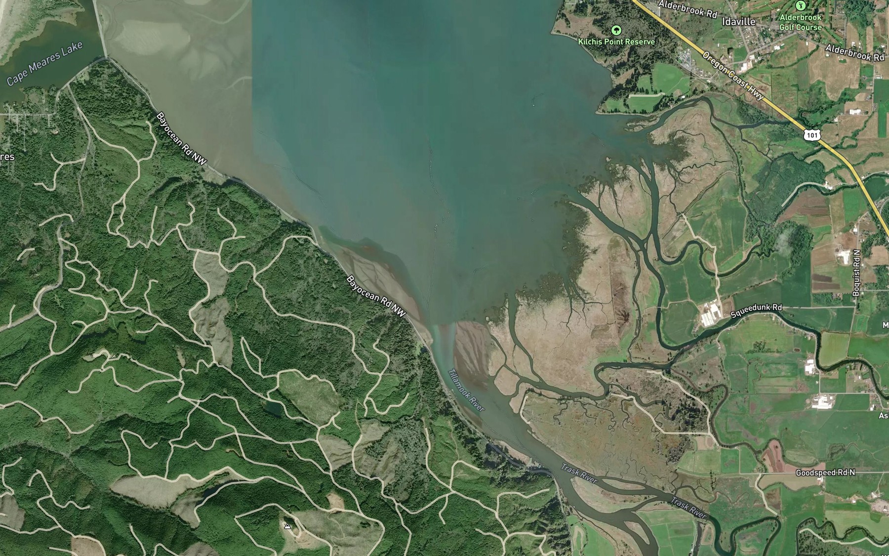 Satellite map of the Tillamook River