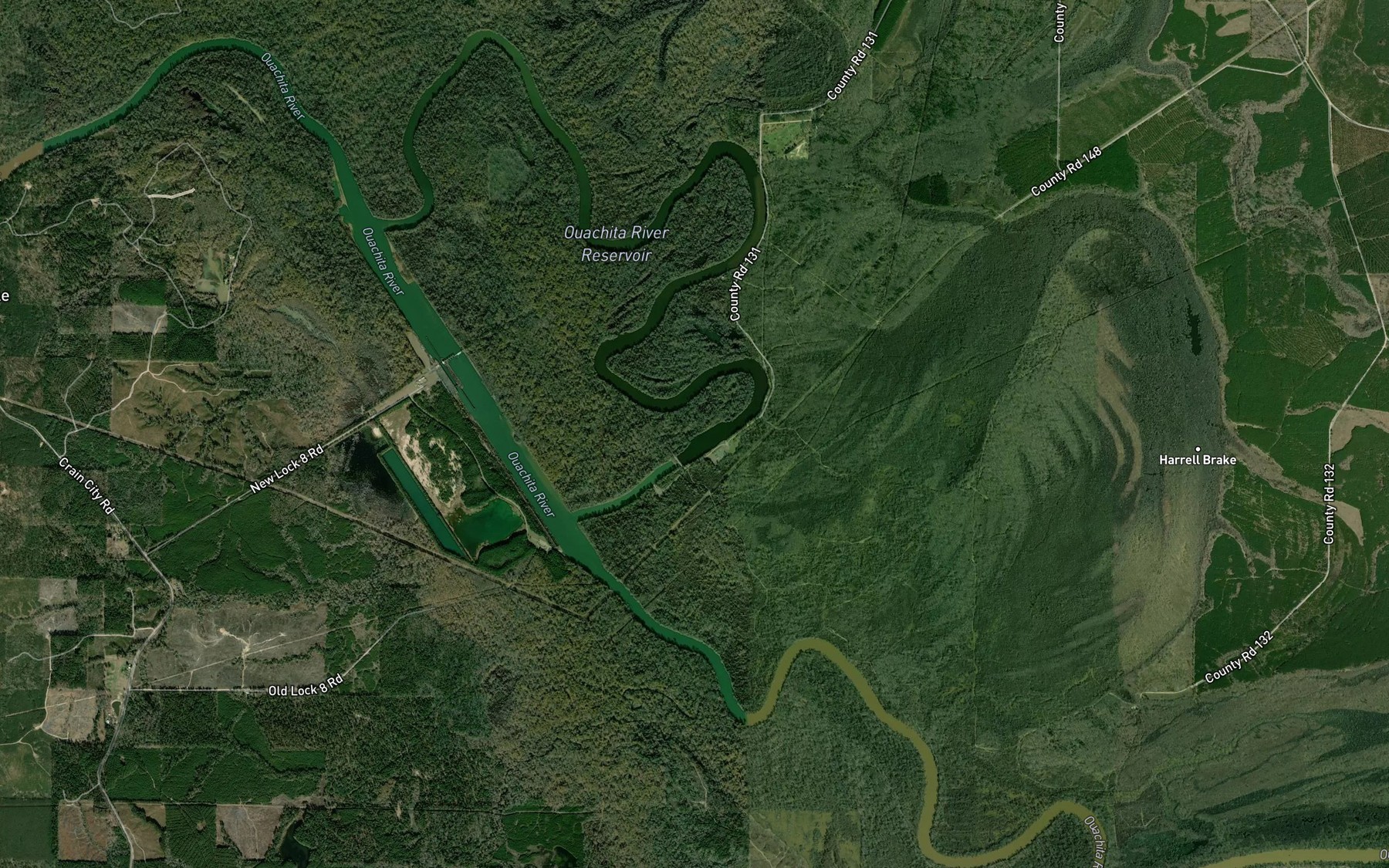 Satellite map of the Ouachita River Reservoir