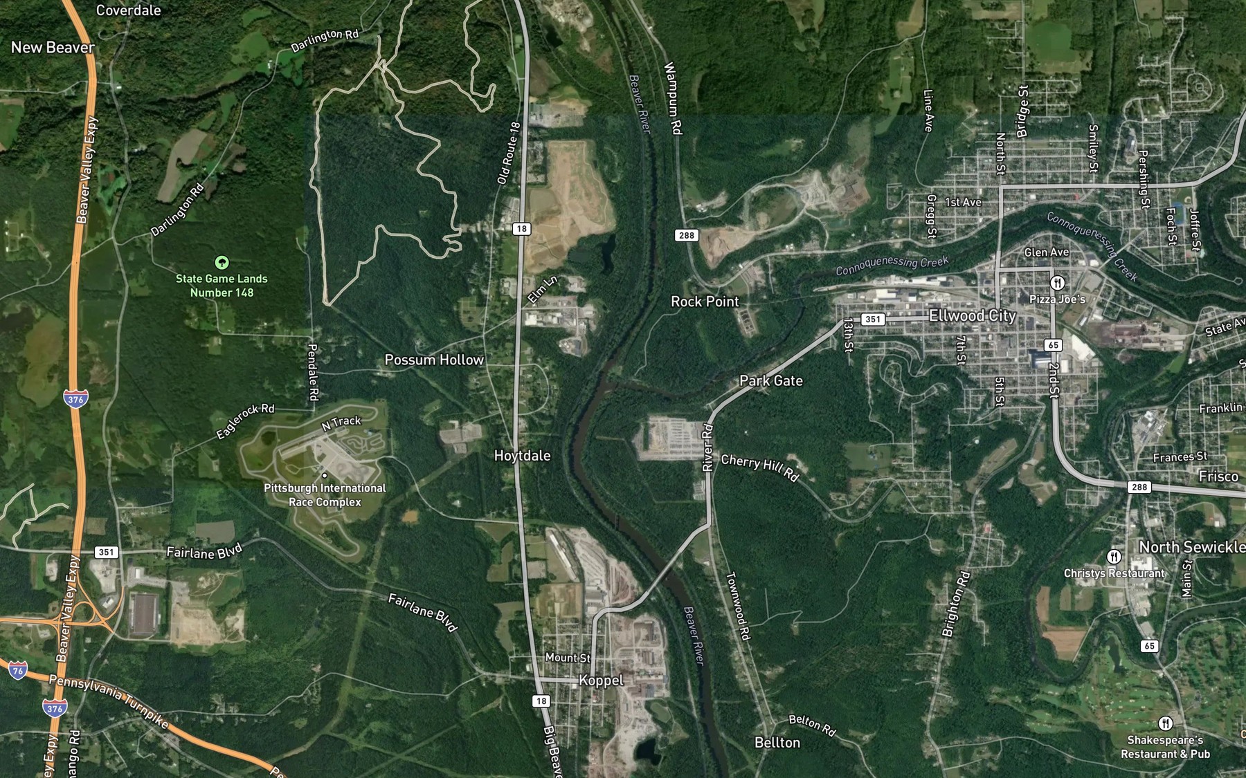 Satellite map of the Connoquenessing Creek