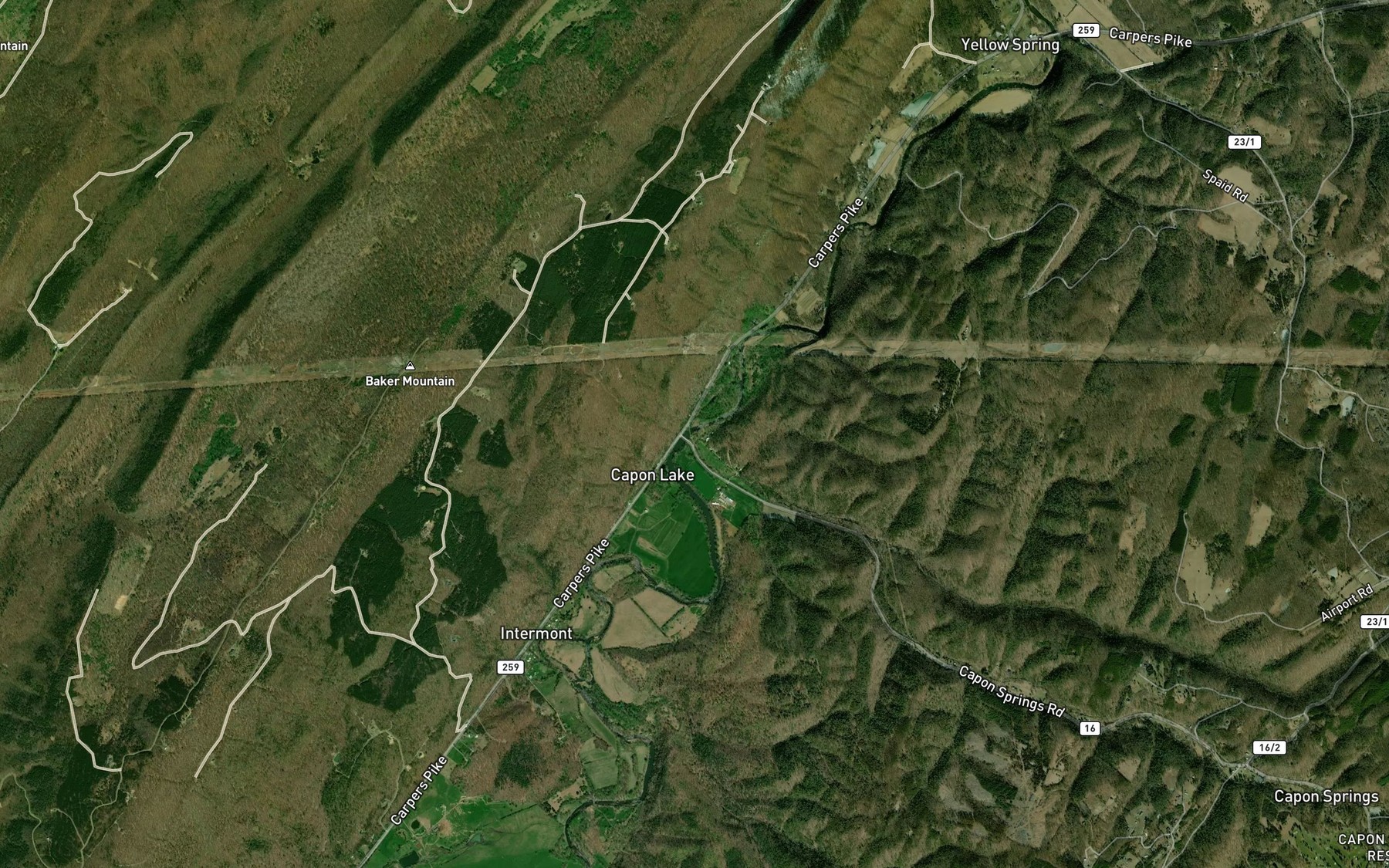 Satellite map of the Capon Springs Run