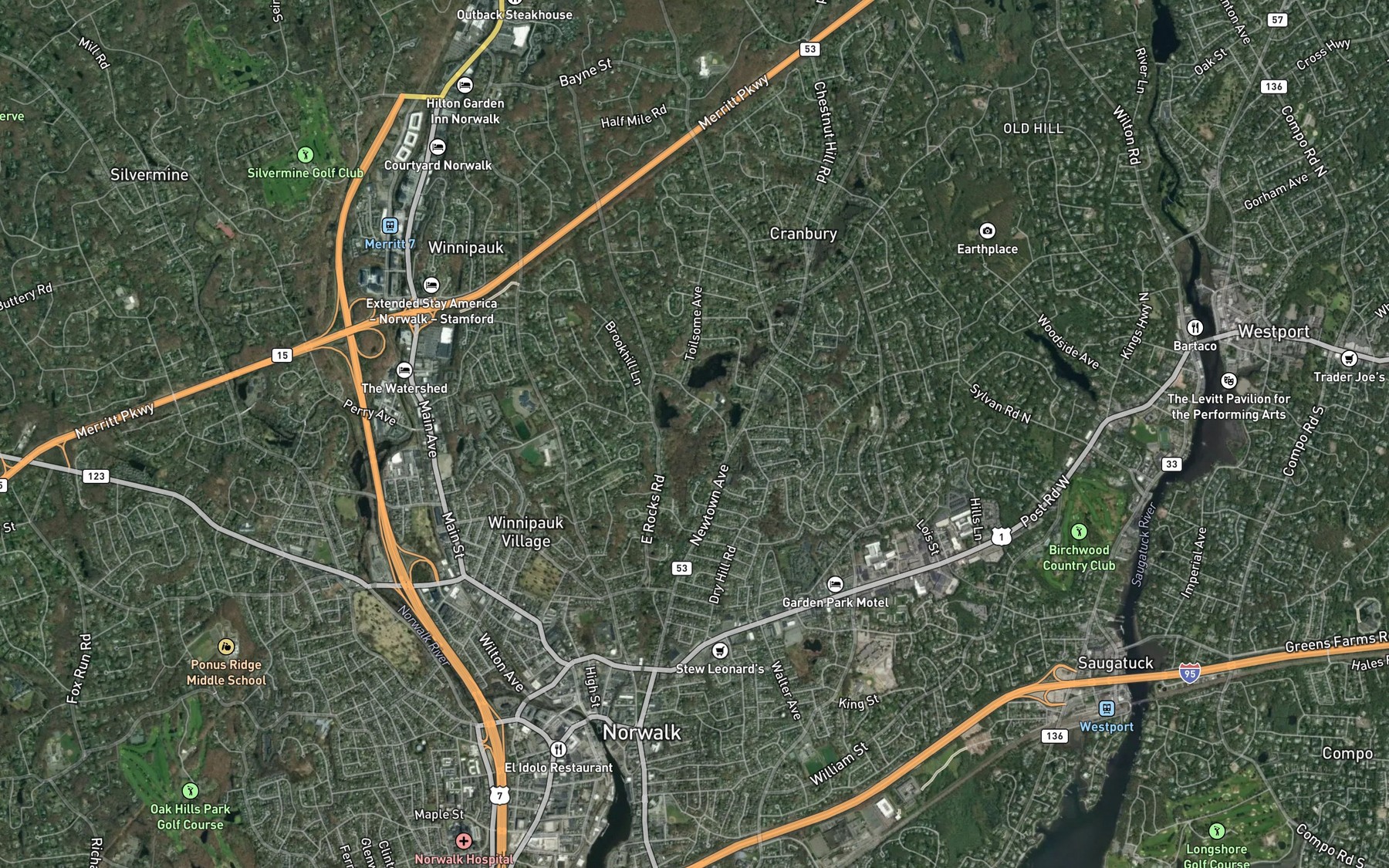 Satellite map of the Woods Pond Brook