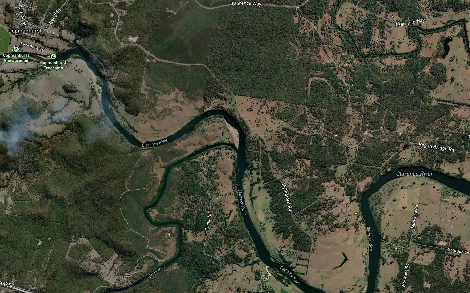Satellite map of the Orara River