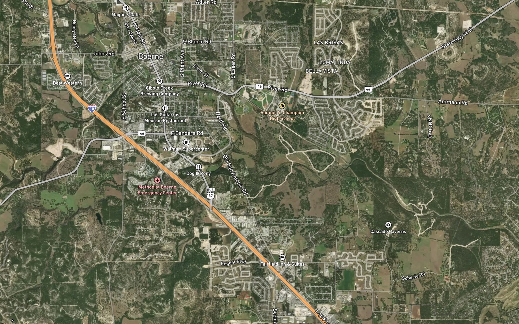 Satellite map of the Menger Creek