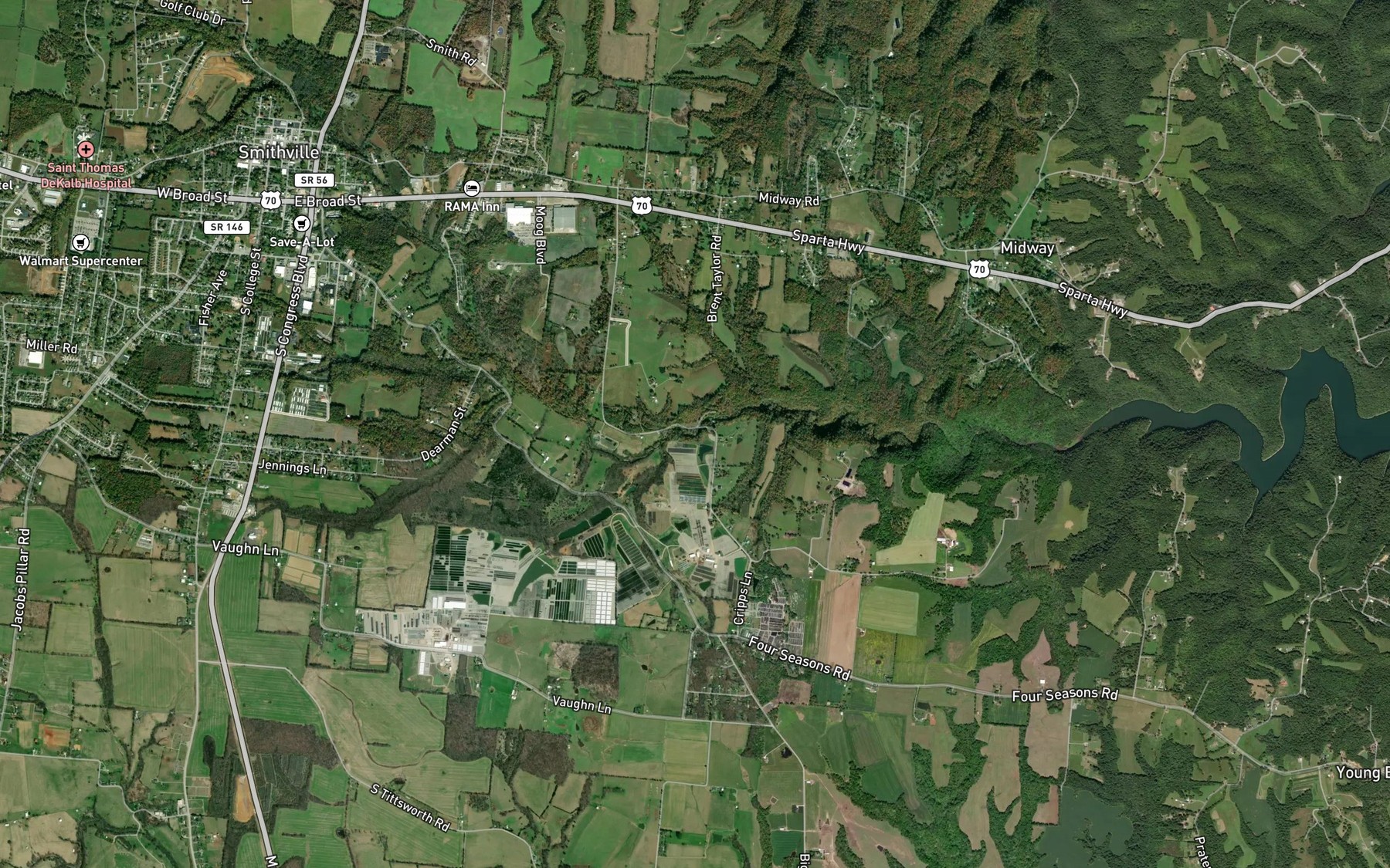 Satellite map of the Evins Mill Pond