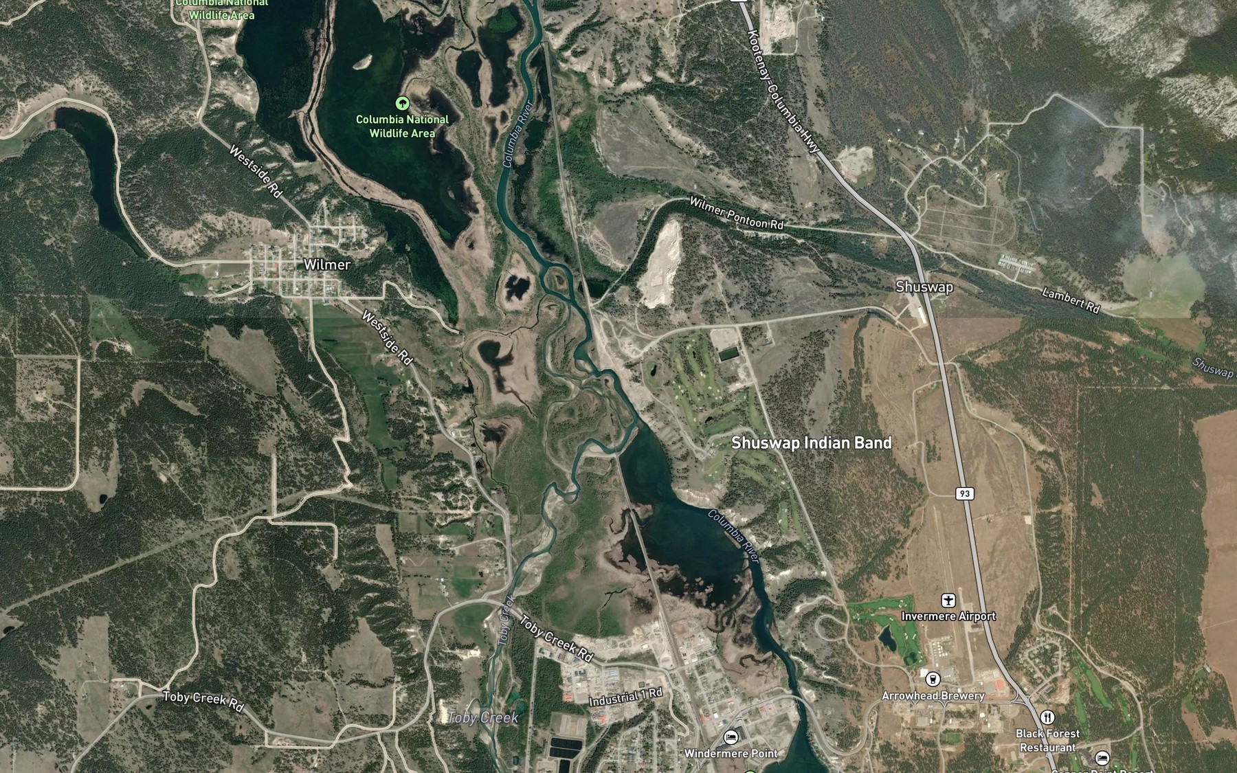 Satellite map of the Toby Creek